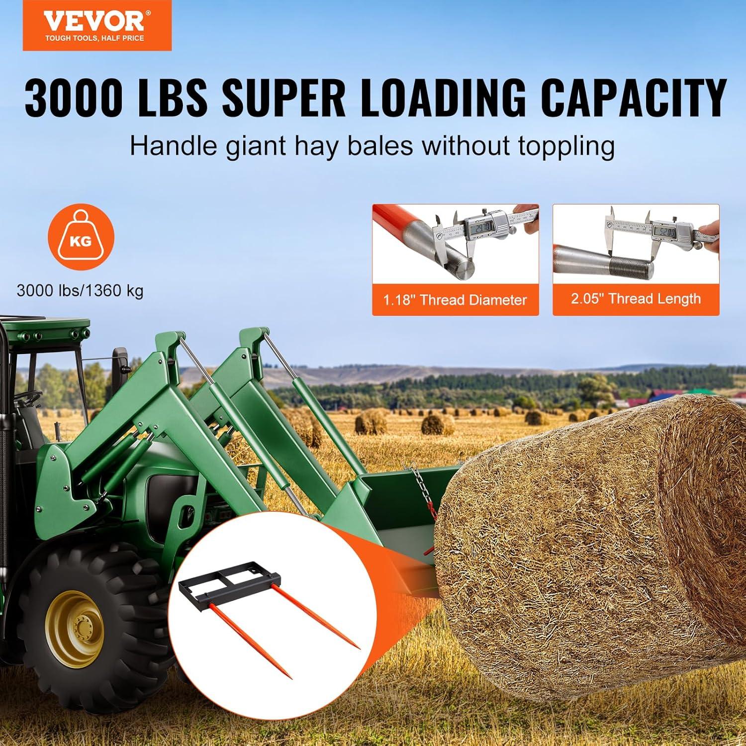image:imageVEVOR 49 Hay Spear Bale Spears 3000lbs Loading Capacity Skid Steer Loader Tractor Bucket Attachment with 2pcs 175 Stabilizer Spears and 60 Chain Quick Attach Spike Forks49 Vertical Assembly