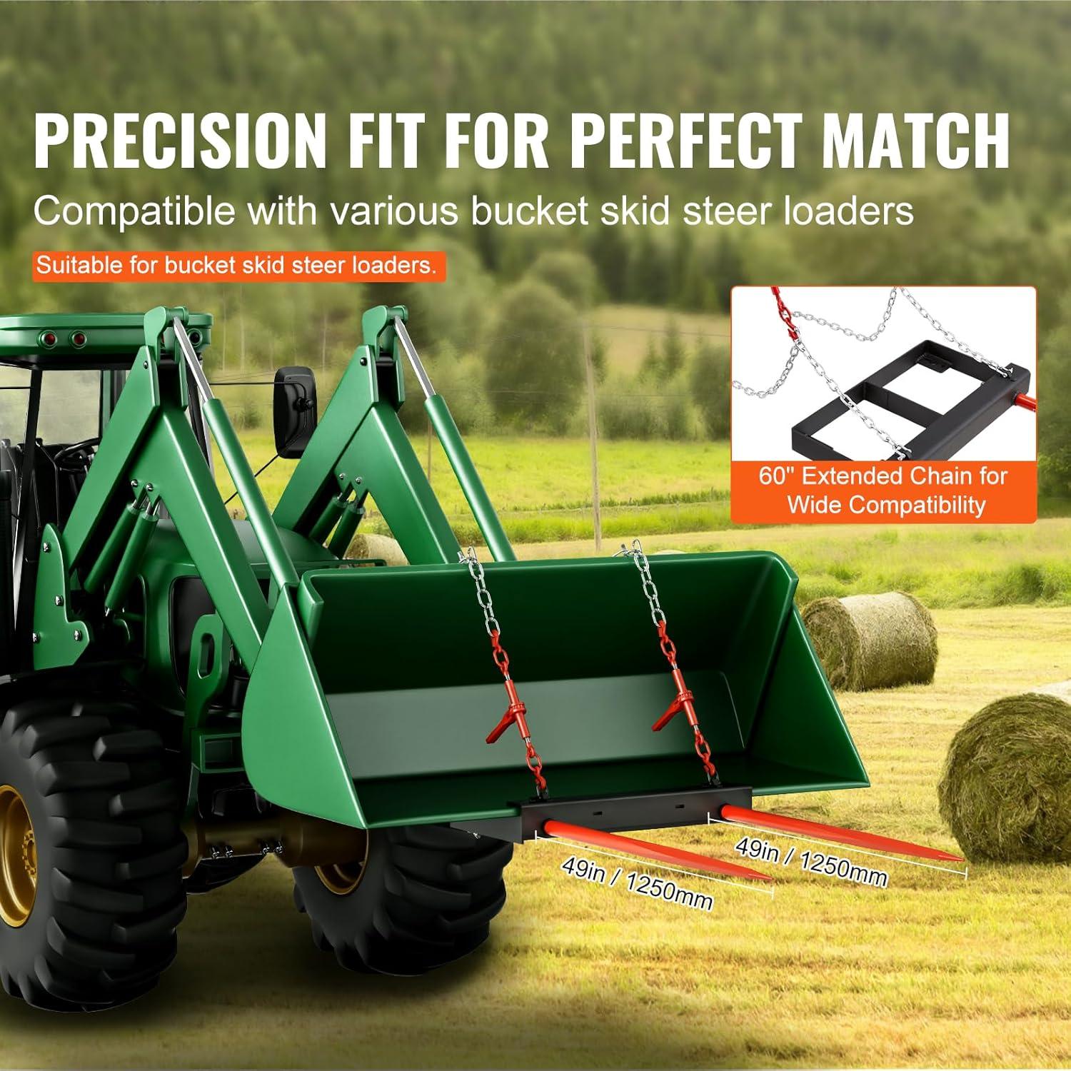 image:imageVEVOR 49 Hay Spear Bale Spears 3000lbs Loading Capacity Skid Steer Loader Tractor Bucket Attachment with 2pcs 175 Stabilizer Spears and 60 Chain Quick Attach Spike Forks49 Vertical Assembly