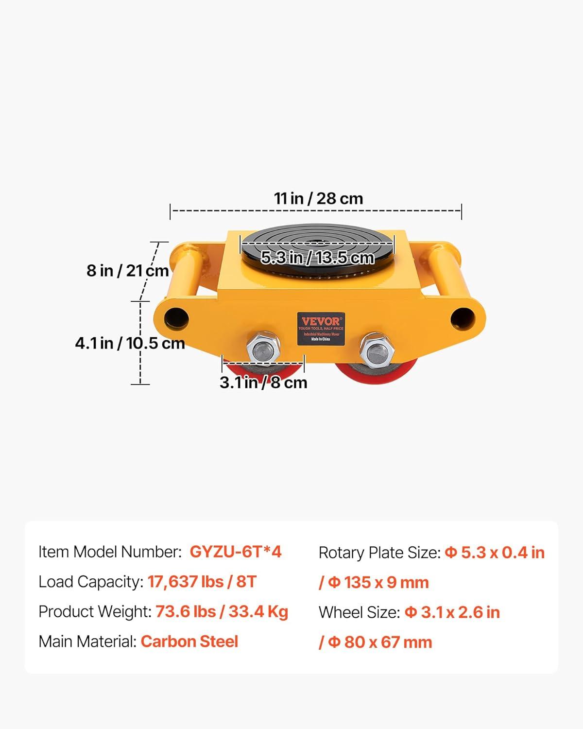 image:imageVEVOR 4PCS Machinery Skates Dollies 17637 lb Heavy Duty Equipment Moving Skates with 4 PU Wheels 360 Rotation NonSlip Cap LowProfile Industrial Mover Rollers for Factory Warehouse Workshop4Piece PU Wheels