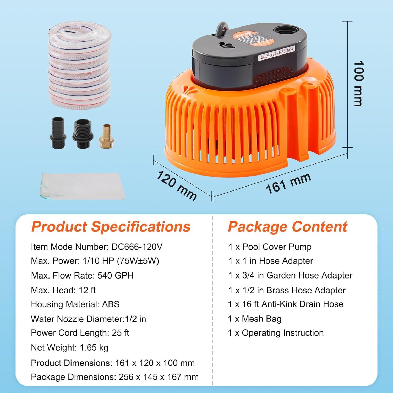 image:imageVEVOR Automatic Pool Cover Pump 110 HP 75W 540 GPH 120V Submersible Swimming Pool Cover Pump Water Removal Pump with 3 Hose Adapters 16 ft Drainage Hose amp 25 ft Power Cord for Pool Draining110 HP 540 GPH