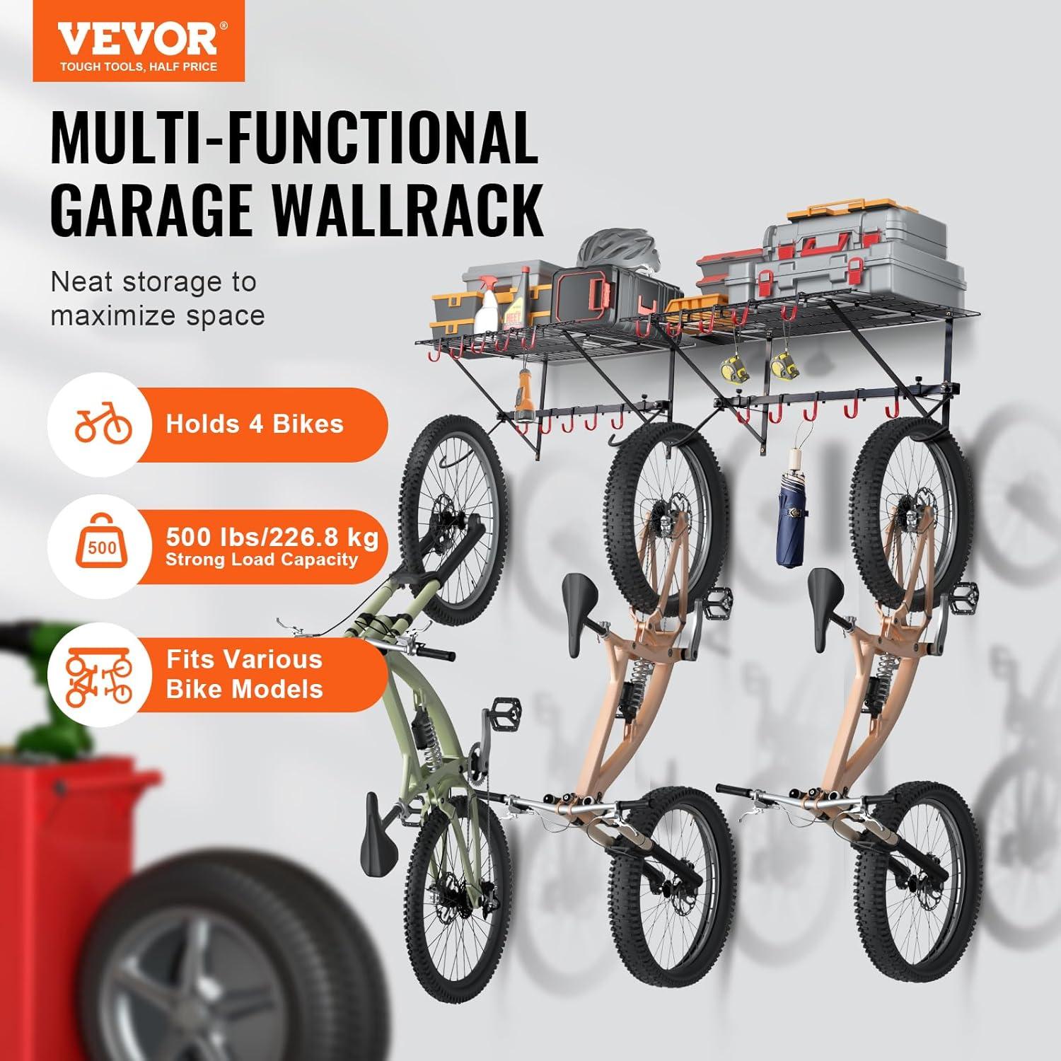 image:imageVEVOR Bike Storage Rack 6 Bike Racks and 3 Helmets Hooks Wall Mount Bike Storage Hanger Home amp Garage Organizer Customizable for Various Bike Sizes Adjustable Holder Holds Up to 300 lbs 48inchBike Storage Rack with Shelves