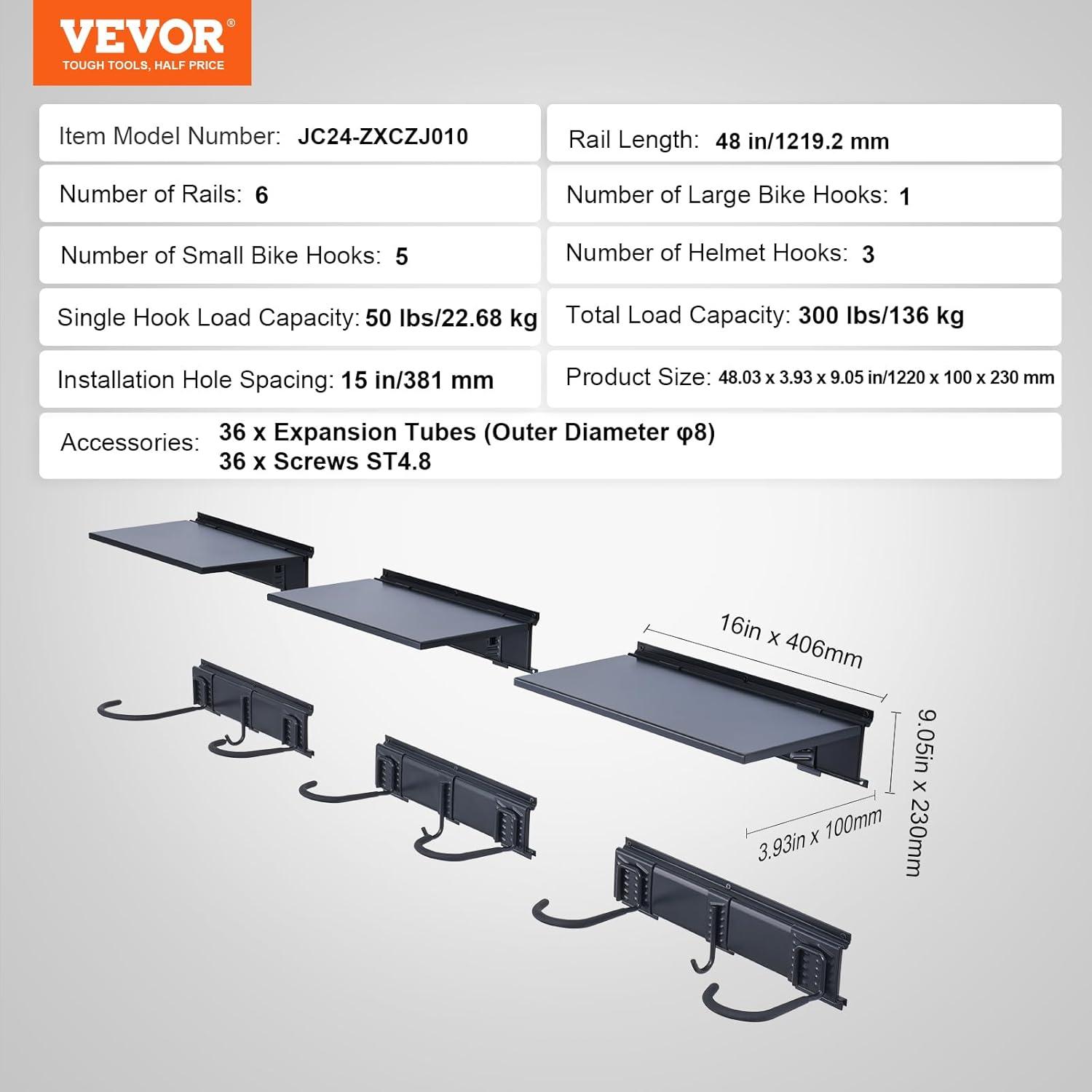 image:imageVEVOR Bike Storage Rack 6 Bike Racks and 3 Helmets Hooks Wall Mount Bike Storage Hanger Home amp Garage Organizer Customizable for Various Bike Sizes Adjustable Holder Holds Up to 300 lbs 48inchBike Storage Rack with Shelves