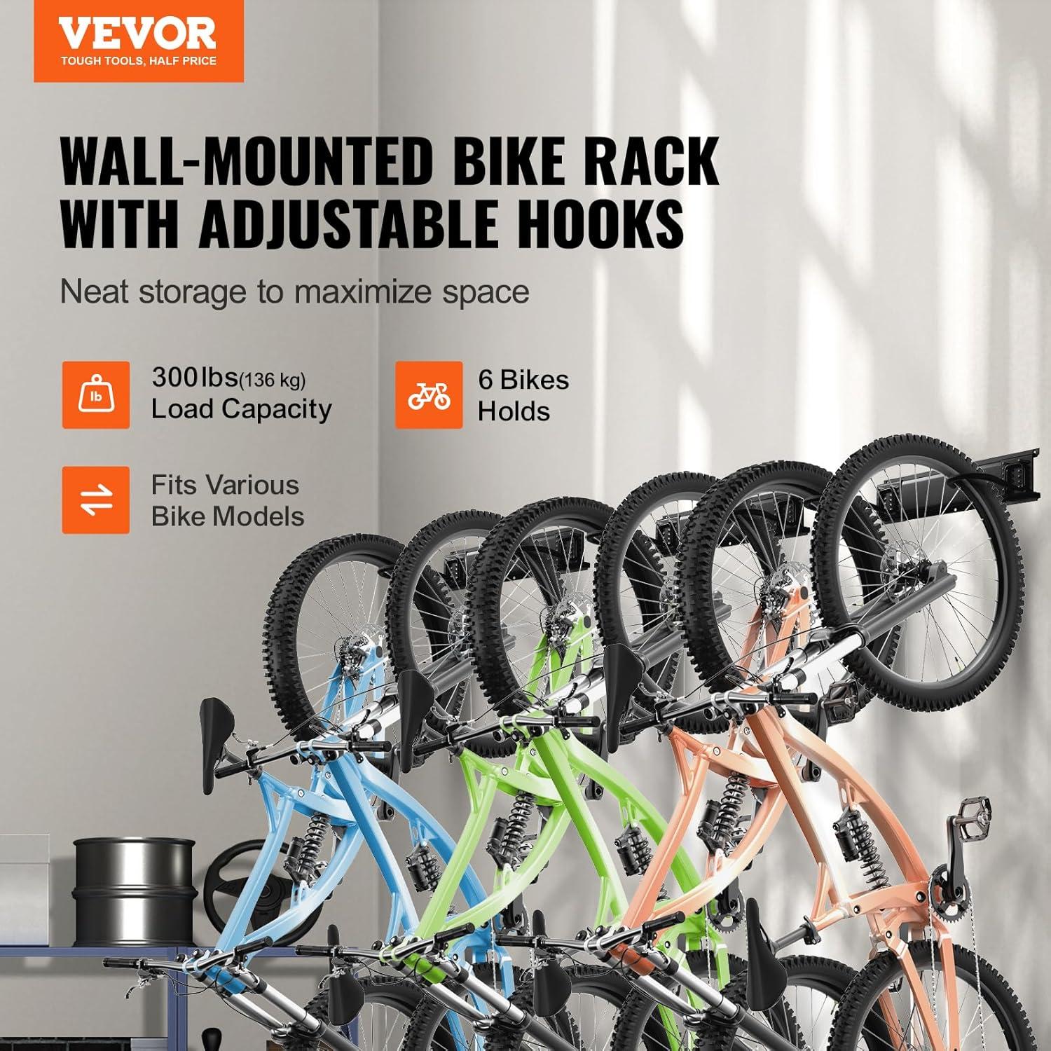 image:imageVEVOR Bike Storage Rack 6 Bike Racks and 3 Helmets Hooks Wall Mount Bike Storage Hanger Home amp Garage Organizer Customizable for Various Bike Sizes Adjustable Holder Holds Up to 300 lbs 48inchBike Storage Rack