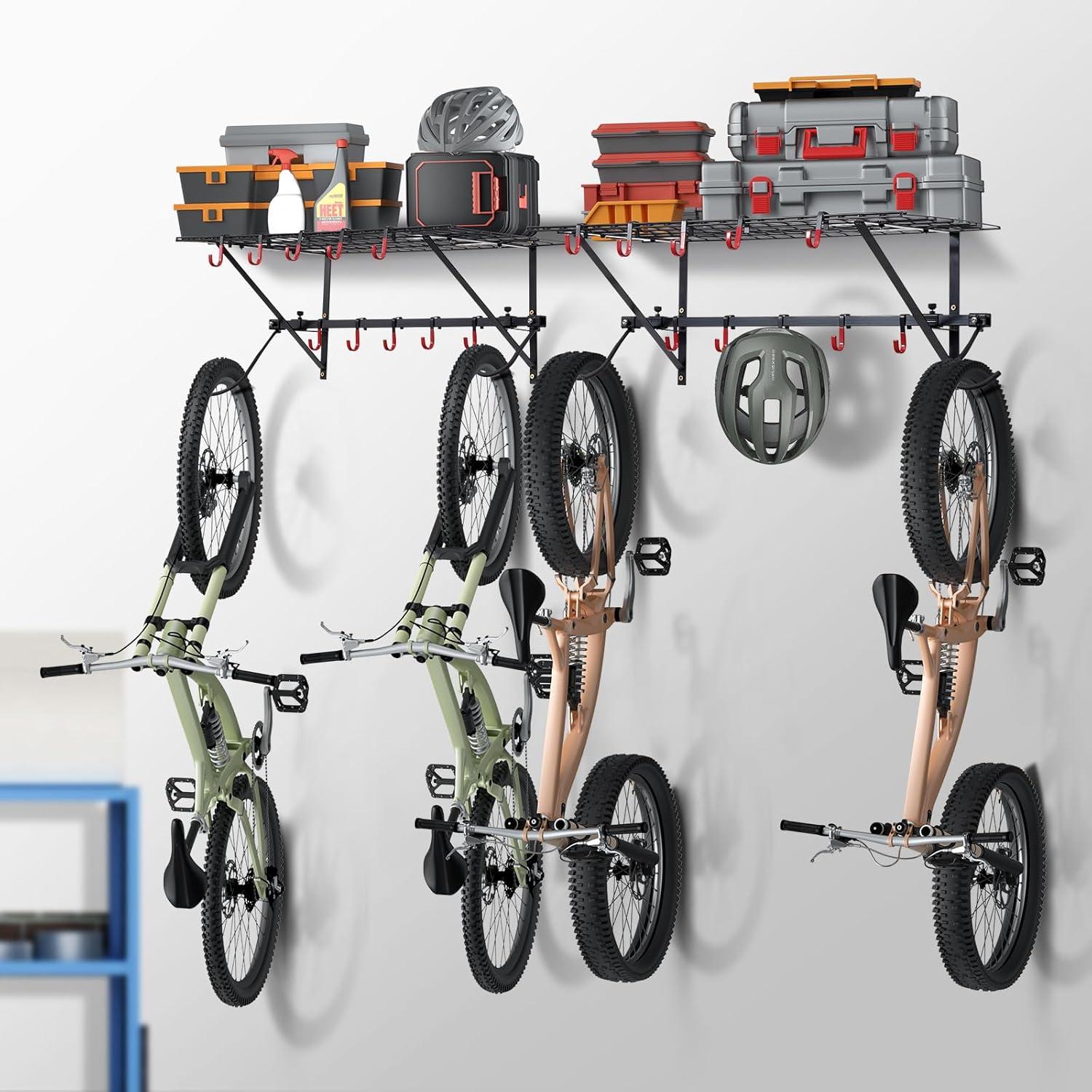 image:imageVEVOR Bike Storage Rack 6 Bike Racks and 3 Helmets Hooks Wall Mount Bike Storage Hanger Home amp Garage Organizer Customizable for Various Bike Sizes Adjustable Holder Holds Up to 300 lbs 48inchBike Storage Rack with Shelves