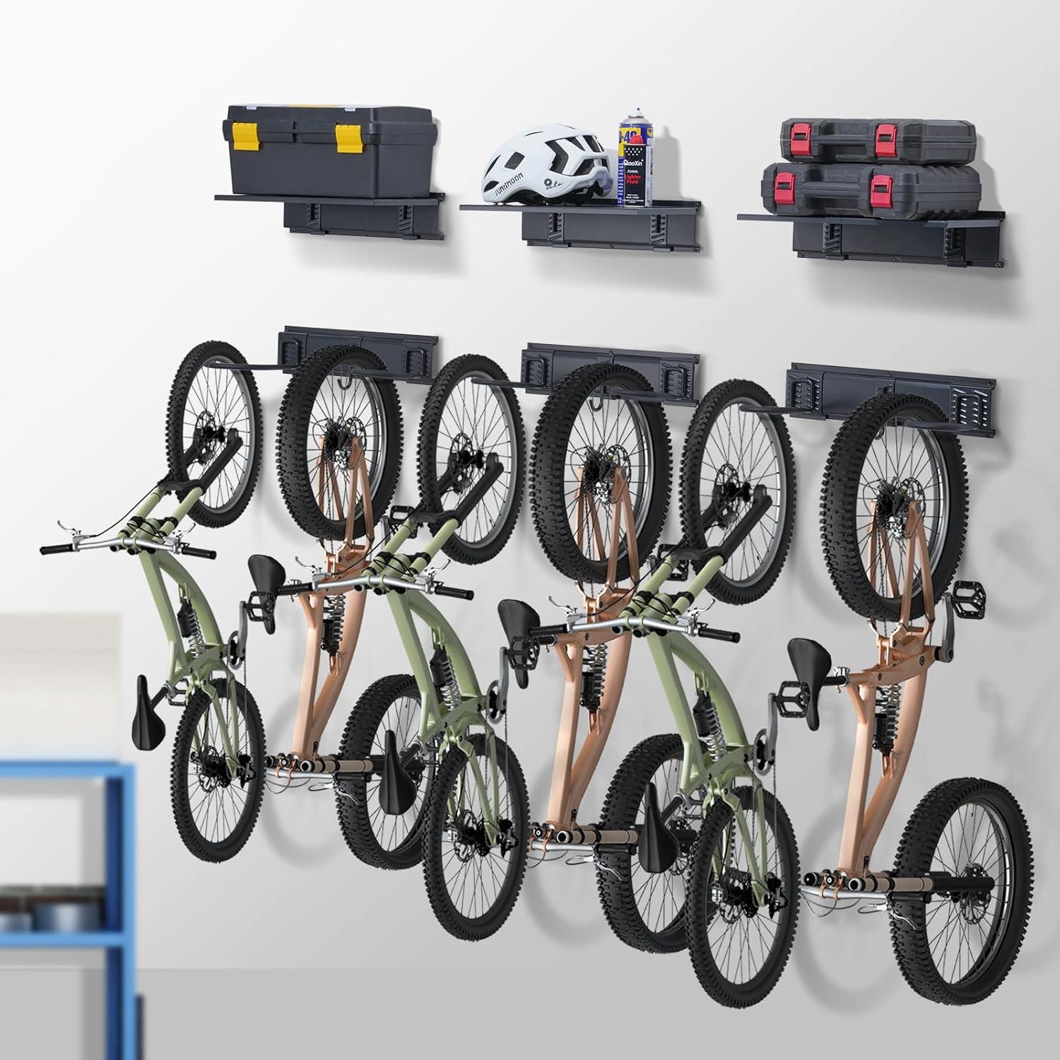image:imageVEVOR Bike Storage Rack 6 Bike Racks and 3 Helmets Hooks Wall Mount Bike Storage Hanger Home amp Garage Organizer Customizable for Various Bike Sizes Adjustable Holder Holds Up to 300 lbs 48inchBike Storage Rack with Shelves