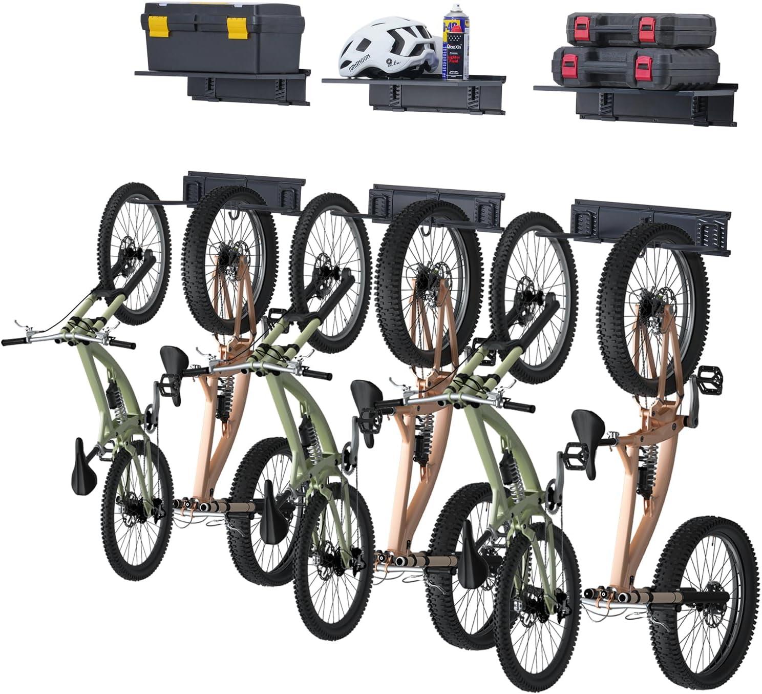 image:imageVEVOR Bike Storage Rack 6 Bike Racks and 3 Helmets Hooks Wall Mount Bike Storage Hanger Home amp Garage Organizer Customizable for Various Bike Sizes Adjustable Holder Holds Up to 300 lbs 48inchBike Storage Rack with Shelves