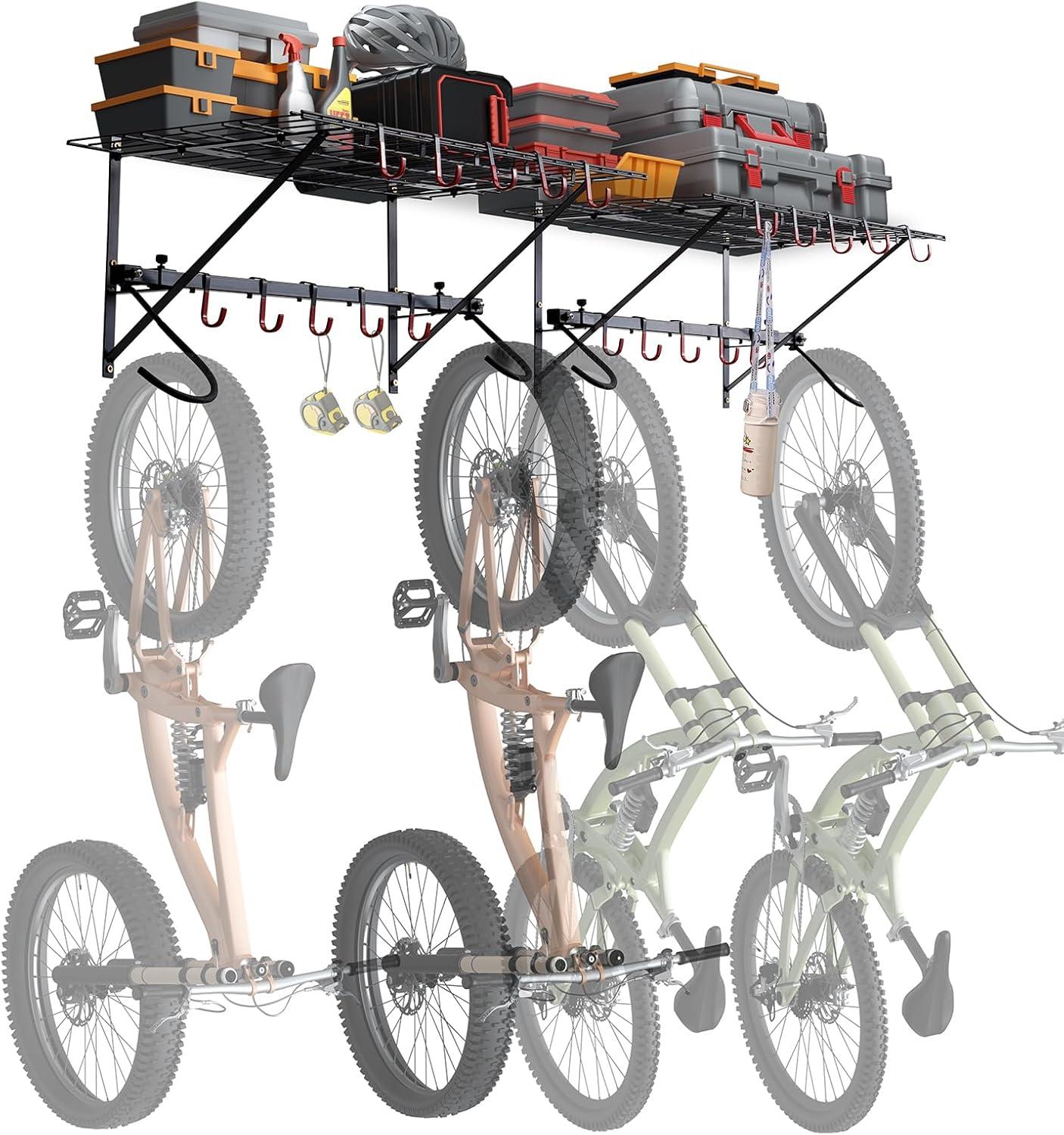 image:imageVEVOR Bike Storage Rack 6 Bike Racks and 3 Helmets Hooks Wall Mount Bike Storage Hanger Home amp Garage Organizer Customizable for Various Bike Sizes Adjustable Holder Holds Up to 300 lbs 48inchBike Storage Rack with Shelves
