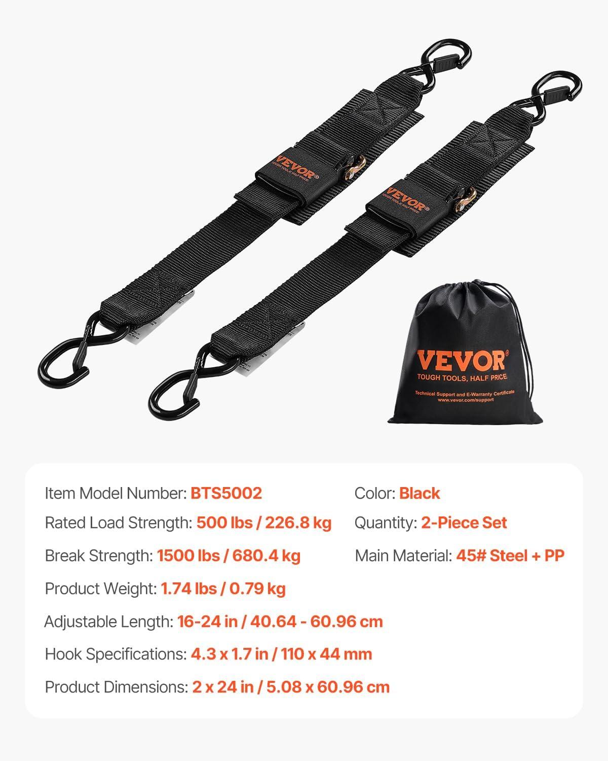image:imageVEVOR Boat Trailer Transom Straps 2PK 2 x 24 Adjustable Boat Straps 1500lb Break Strength with Security Lock S Hooks and Boat Pads Transom Tiedowns for Trailer Boat or Kayak Secure2 in x 24 in
