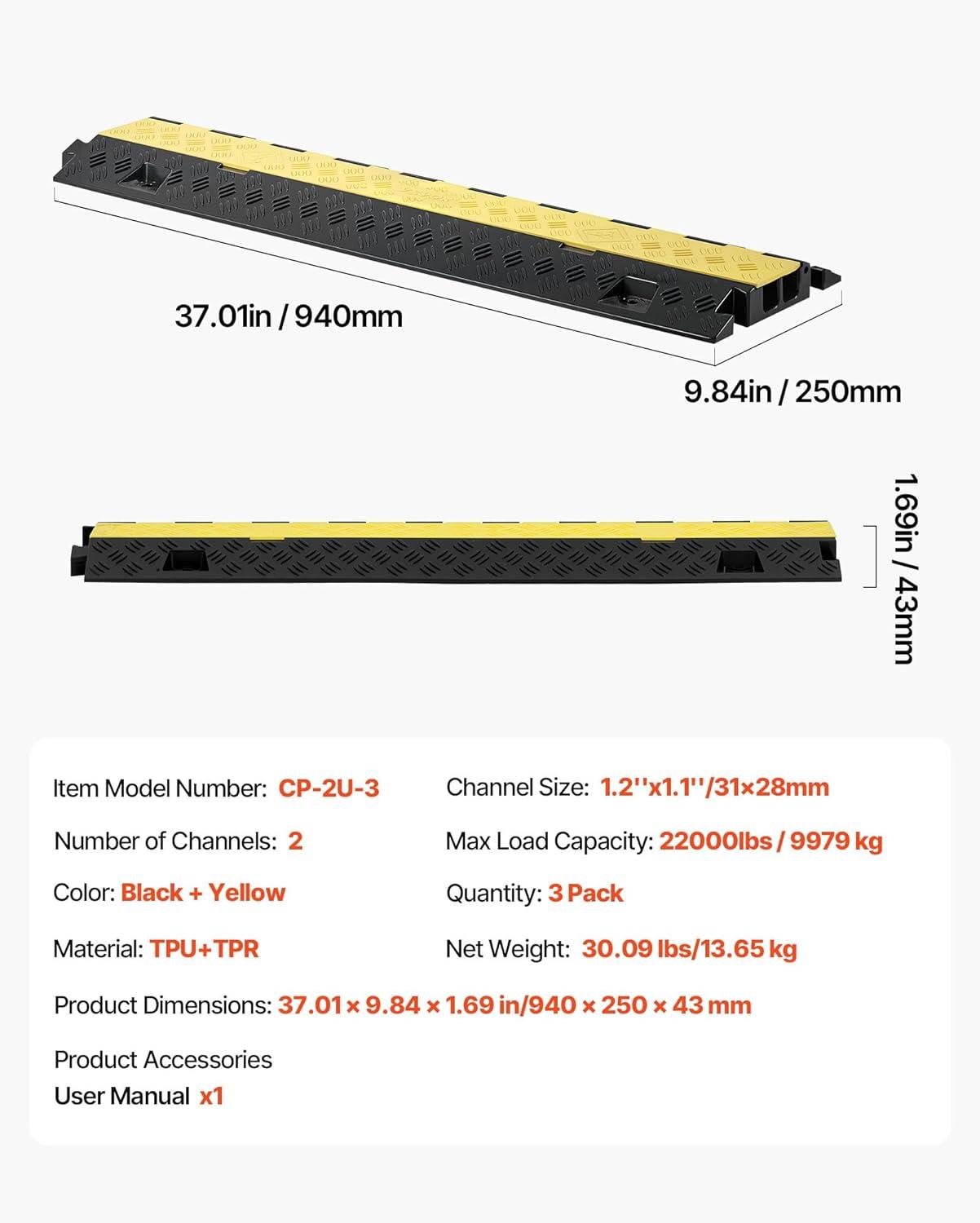 image:imageVEVOR Cable Protector Ramp 2 Channel 22000 lbsaxle Capacity Heavy Duty TPU Wire Cord Cover Ramp Hose Protector Driveway Traffic Speed Bump wTPR FlipOpen Top Cover for Indoor amp Outdoor3 PCs