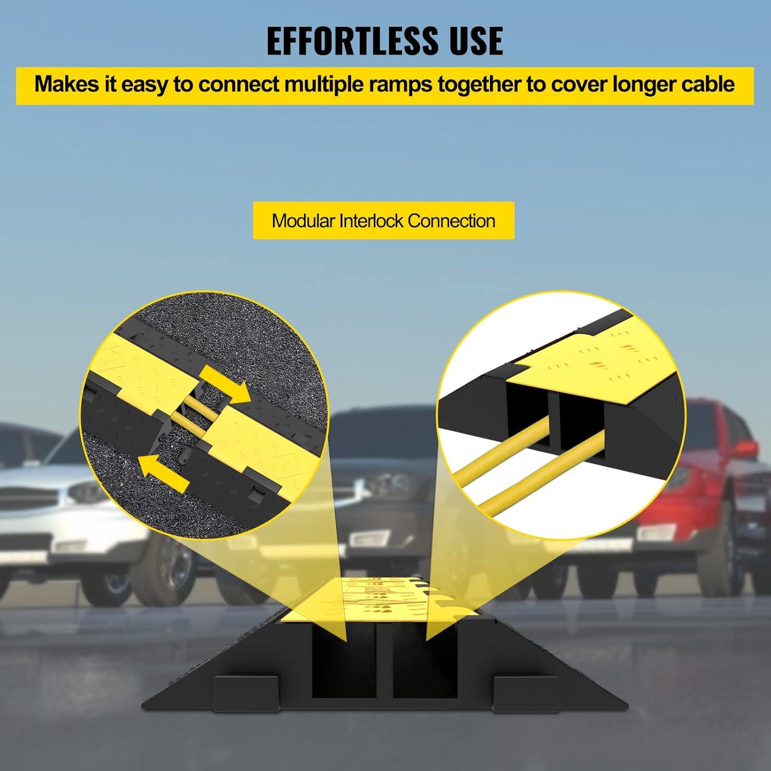 image:imageVEVOR Cable Protector Ramp 4 Packs 2 Channels Rubber Modular Speed Bumps Rated 11000 LBS Load Capacity Protective Wire Cord Ramp Driveway Rubber Traffic Speed Bumps Hump Cable Protector