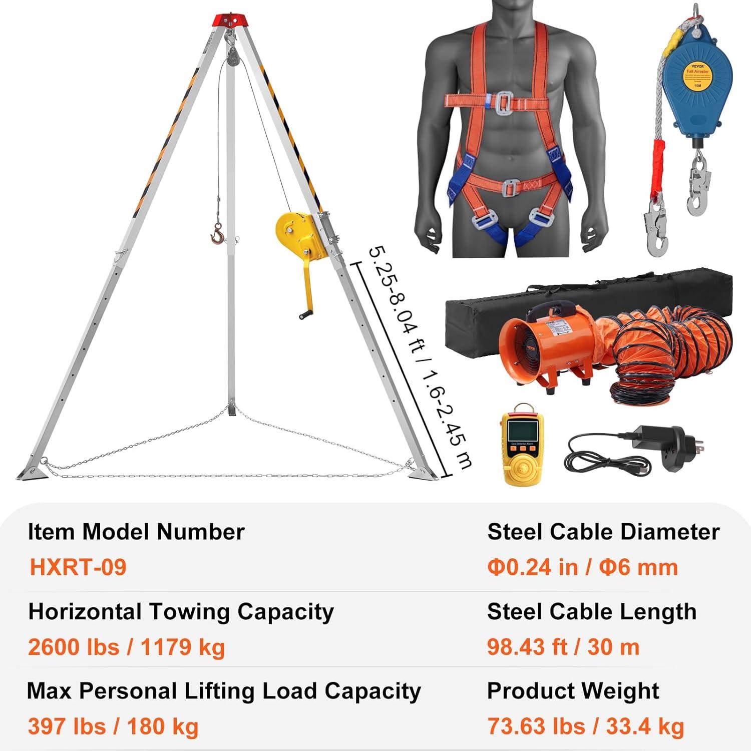 image:imageVEVOR Confined Space Tripod Kit 1800 lbs Winch Confined Space Tripod 7 Legs and 98 Cable Confined Space Rescue Tripod 328 Fall Protection Harness Storage Bag for Traditional Confined Spaces2600lbs Blower Gas detector