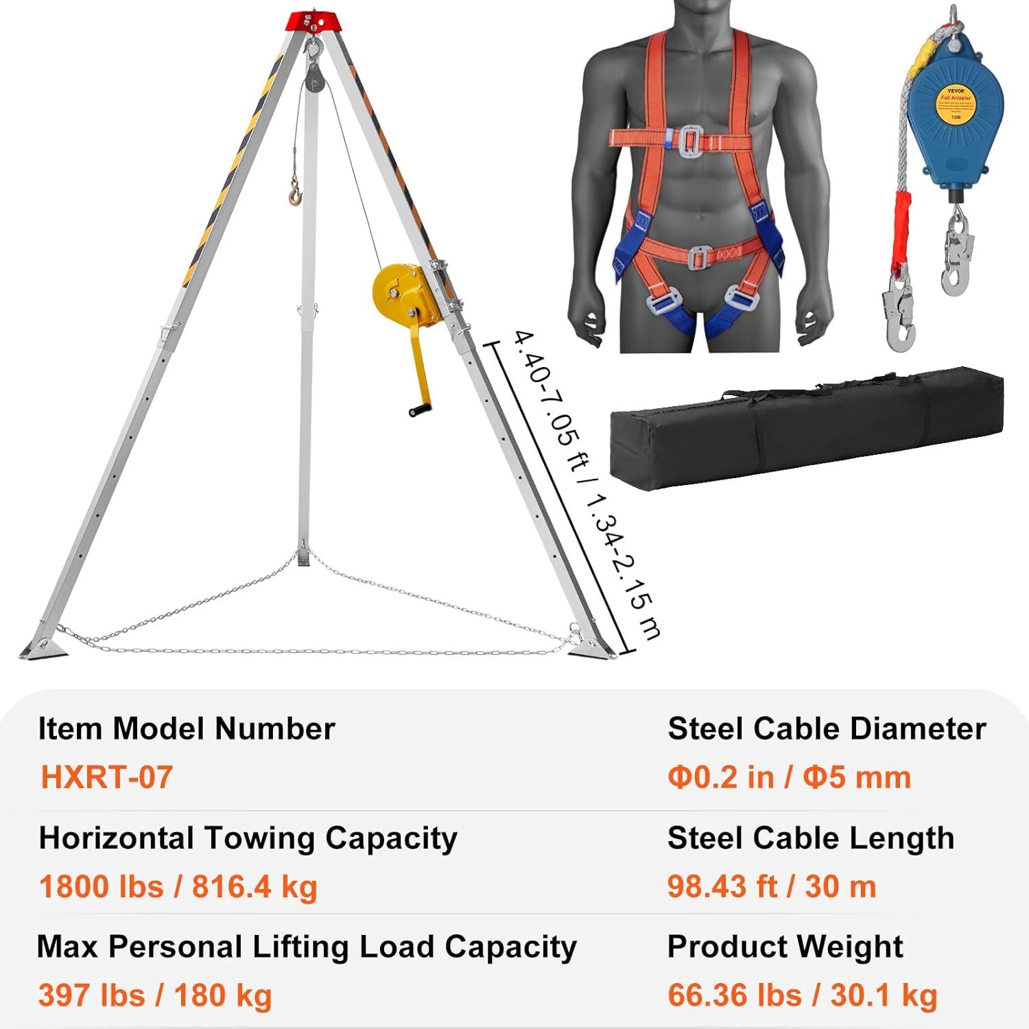image:imageVEVOR Confined Space Tripod Kit 1800 lbs Winch Confined Space Tripod 7 Legs and 98 Cable Confined Space Rescue Tripod 328 Fall Protection Harness Storage Bag for Traditional Confined Spaces1800 lbs wHarness