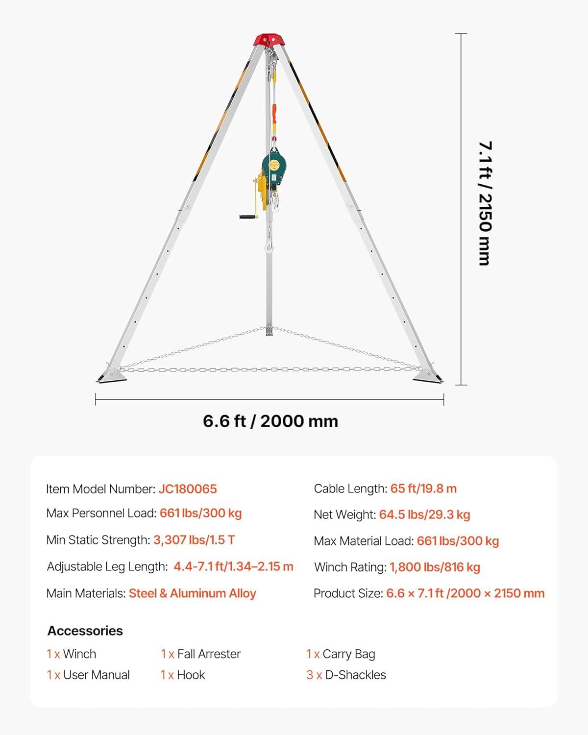 image:imageVEVOR Confined Space Tripod Kit 1800 lbs Winch Confined Space Tripod 7 Legs and 98 Cable Confined Space Rescue Tripod 328 Fall Protection Harness Storage Bag for Traditional Confined Spaces1800lbs 65ft