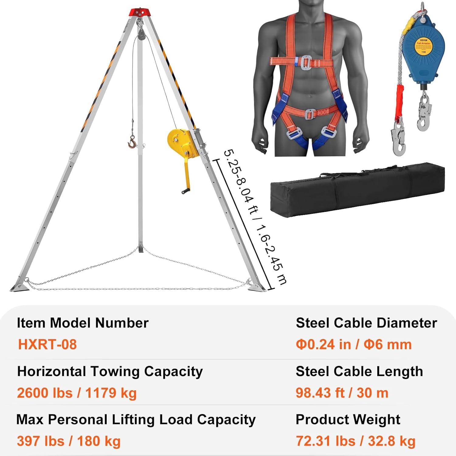 image:imageVEVOR Confined Space Tripod Kit 1800 lbs Winch Confined Space Tripod 7 Legs and 98 Cable Confined Space Rescue Tripod 328 Fall Protection Harness Storage Bag for Traditional Confined Spaces2600 lbs wHarness