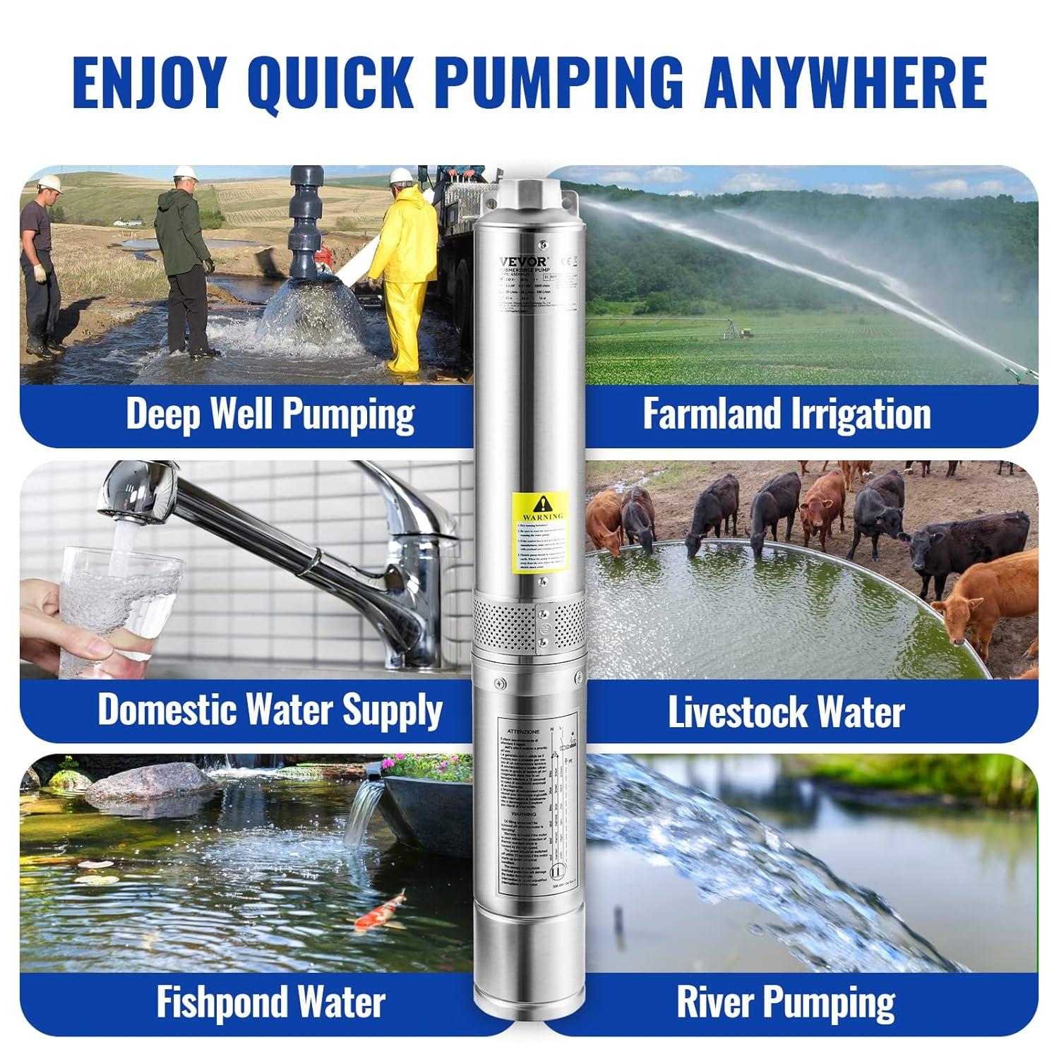 image:imageVEVOR Deep Well Submersible Pump 2HP 230V60Hz 37GPM 427 ft Head with 33 ft Cord amp External Control Box 4 inch Stainless Steel Water Pumps for Industrial Irrigation and Home Use IP68 Waterproof05HP115V Builtin Controller