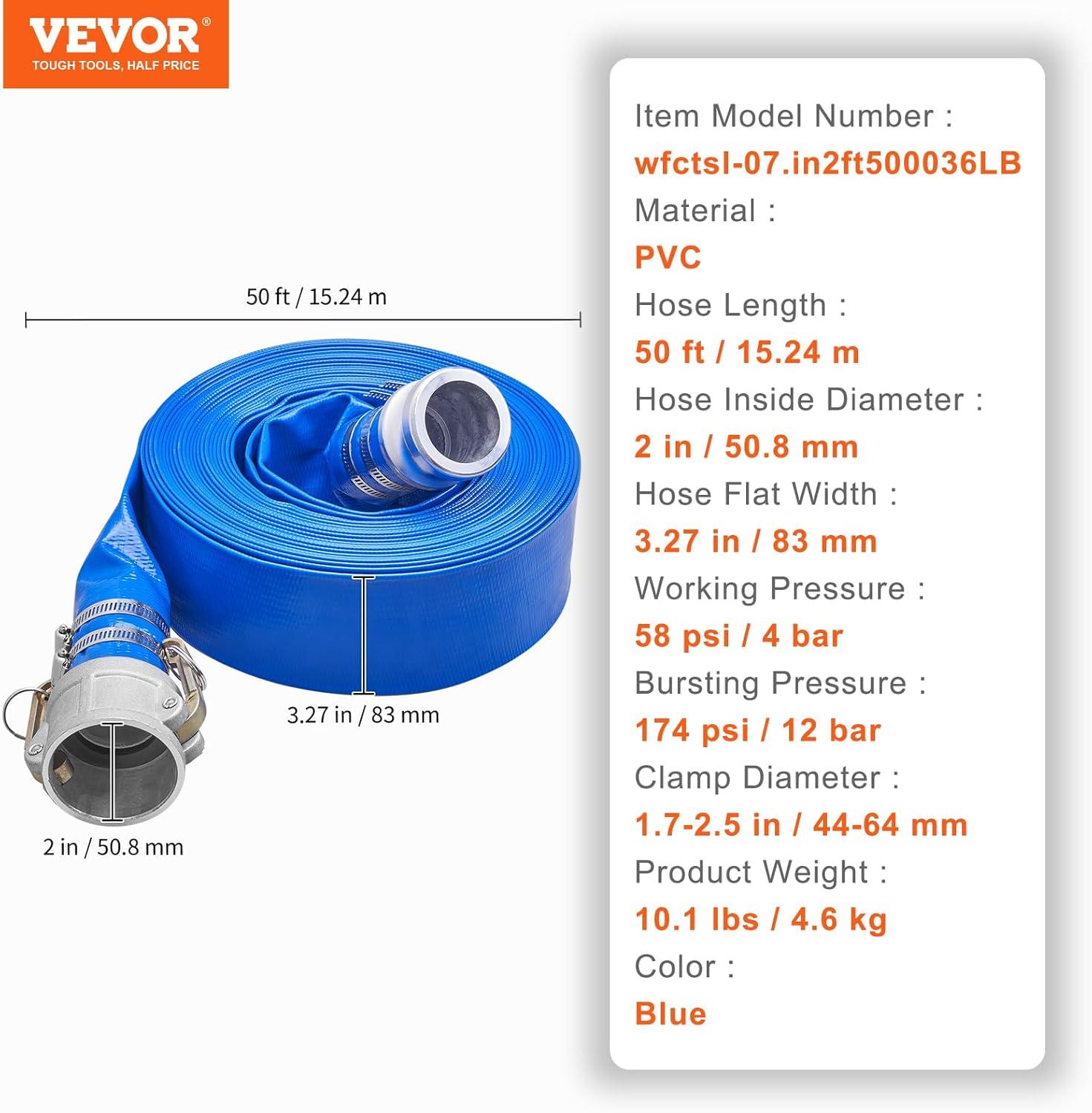 image:imageVEVOR Discharge Hose 112 x 100 PVC Fabric Lay Flat Hose Heavy Duty Backwash Drain Hose with Clamps Weatherproof amp Burstproof Ideal for Swimming Pool amp Water Transfer Blue03 2 x 50 with connector
