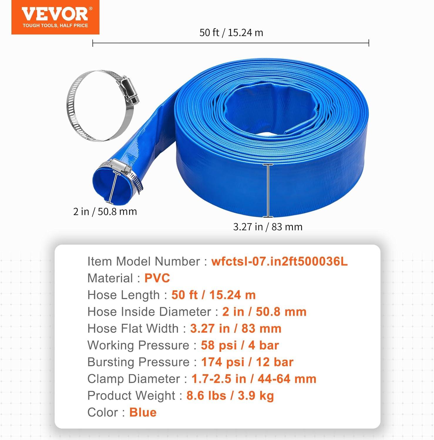 image:imageVEVOR Discharge Hose 112 x 100 PVC Fabric Lay Flat Hose Heavy Duty Backwash Drain Hose with Clamps Weatherproof amp Burstproof Ideal for Swimming Pool amp Water Transfer Blue02 2 x 50