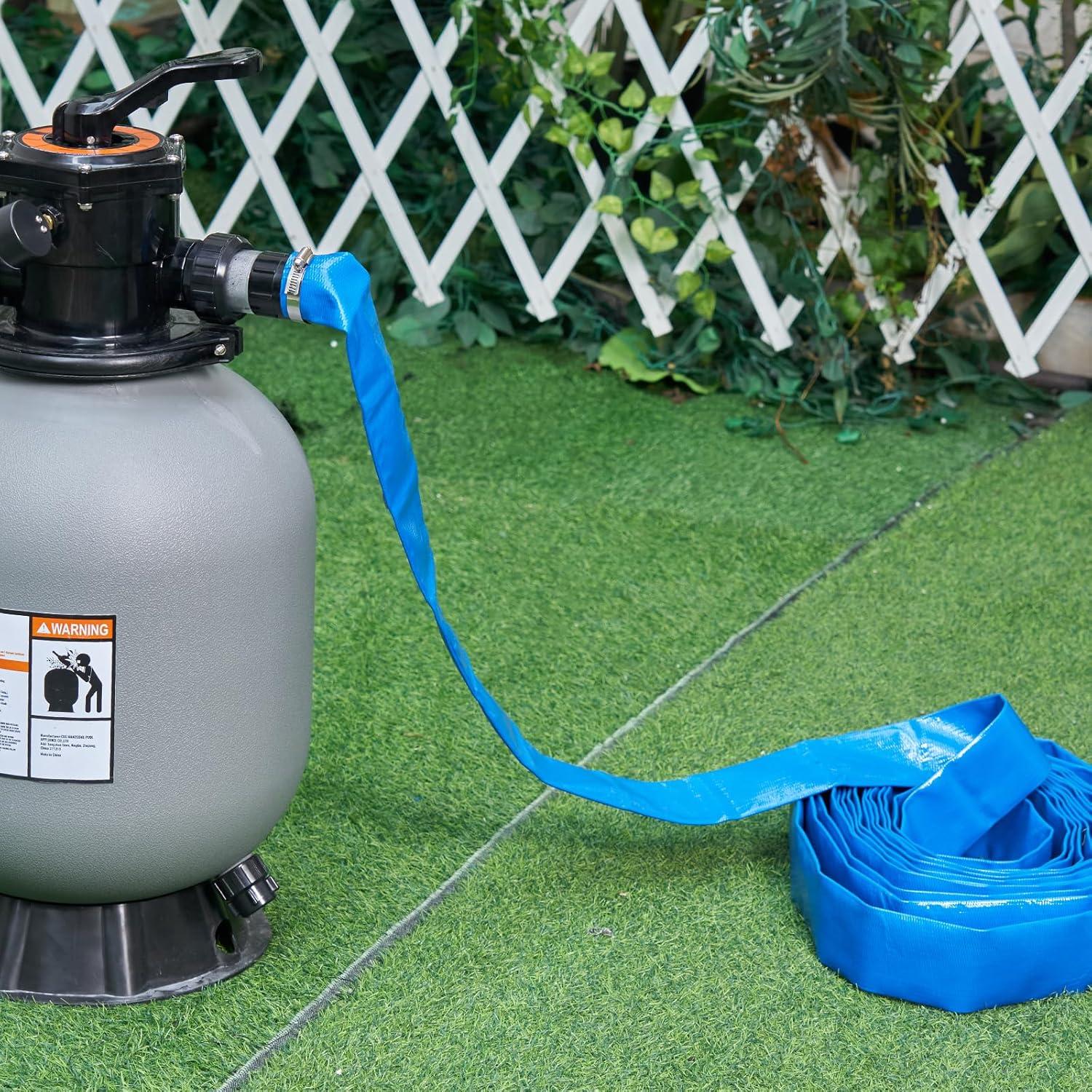 image:imageVEVOR Discharge Hose 112 x 100 PVC Fabric Lay Flat Hose Heavy Duty Backwash Drain Hose with Clamps Weatherproof amp Burstproof Ideal for Swimming Pool amp Water Transfer Blue02 2 x 50