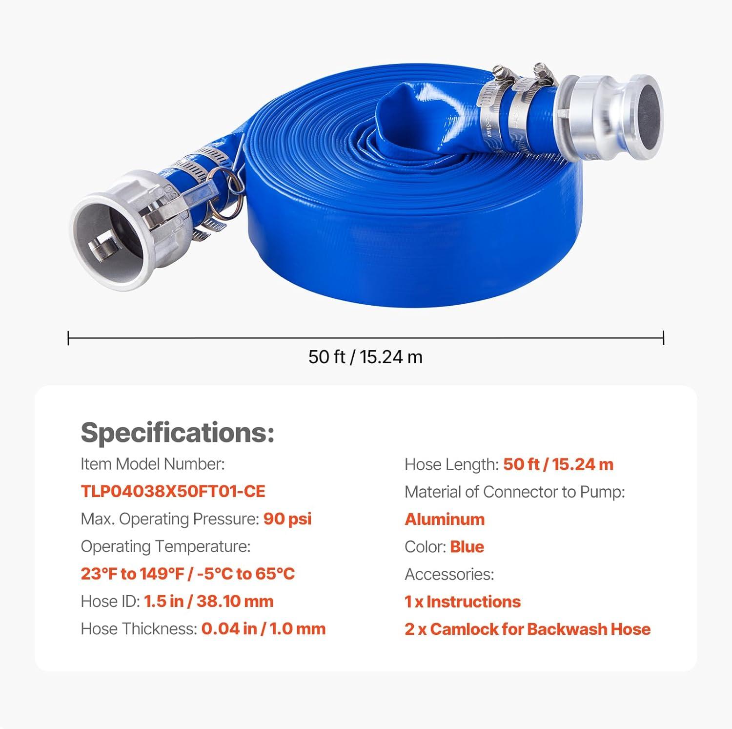 image:imageVEVOR Discharge Hose 112 x 100 PVC Fabric Lay Flat Hose Heavy Duty Backwash Drain Hose with Clamps Weatherproof amp Burstproof Ideal for Swimming Pool amp Water Transfer Blue112 x 50 with connector