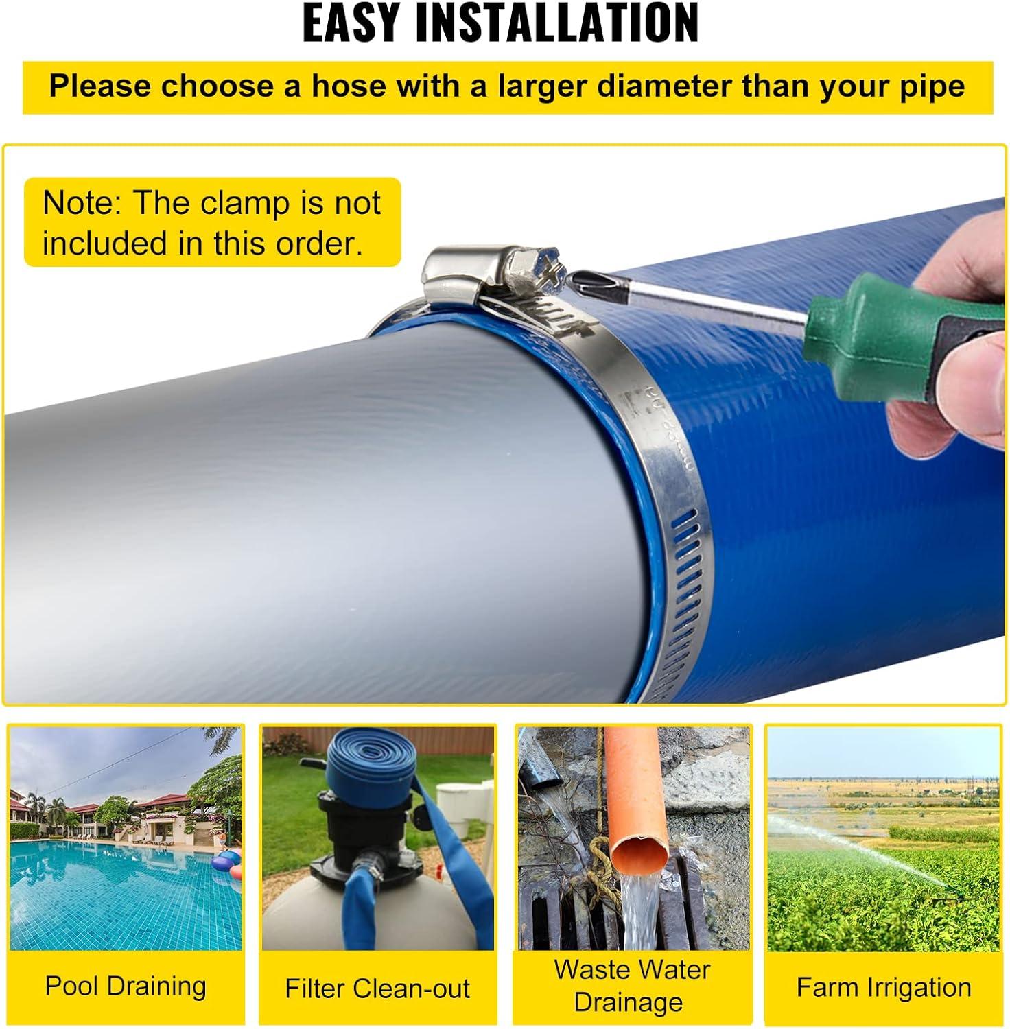 image:imageVEVOR Discharge Hose 112 x 100 PVC Fabric Lay Flat Hose Heavy Duty Backwash Drain Hose with Clamps Weatherproof amp Burstproof Ideal for Swimming Pool amp Water Transfer Blue3 x 50