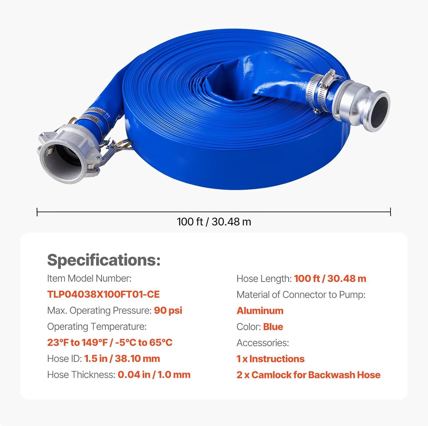 image:imageVEVOR Discharge Hose 112 x 100 PVC Fabric Lay Flat Hose Heavy Duty Backwash Drain Hose with Clamps Weatherproof amp Burstproof Ideal for Swimming Pool amp Water Transfer Blue112 x 100 with connector