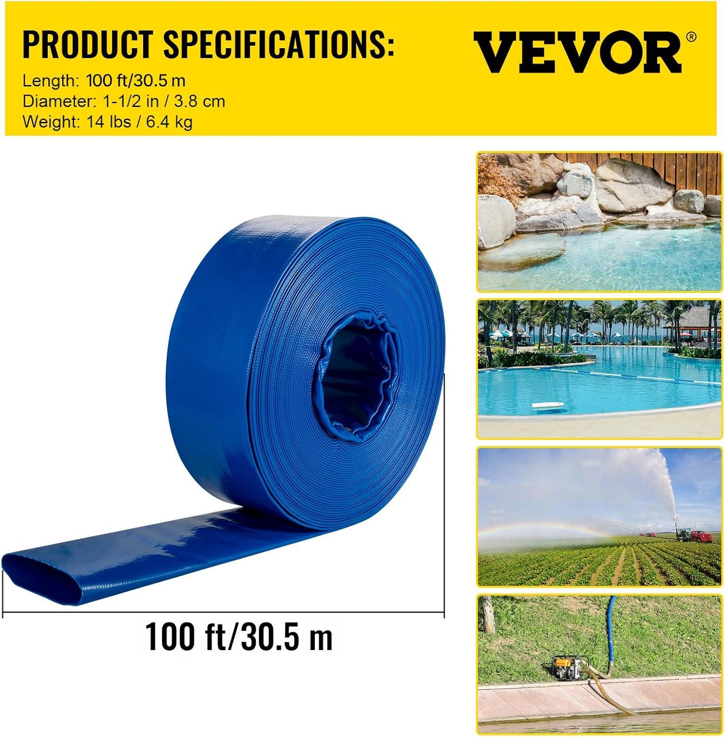 image:imageVEVOR Discharge Hose 112 x 100 PVC Fabric Lay Flat Hose Heavy Duty Backwash Drain Hose with Clamps Weatherproof amp Burstproof Ideal for Swimming Pool amp Water Transfer Blue112 x 100