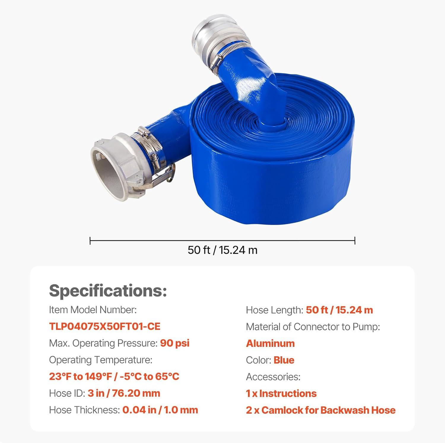 image:imageVEVOR Discharge Hose 112 x 100 PVC Fabric Lay Flat Hose Heavy Duty Backwash Drain Hose with Clamps Weatherproof amp Burstproof Ideal for Swimming Pool amp Water Transfer Blue3 x 50 with connector