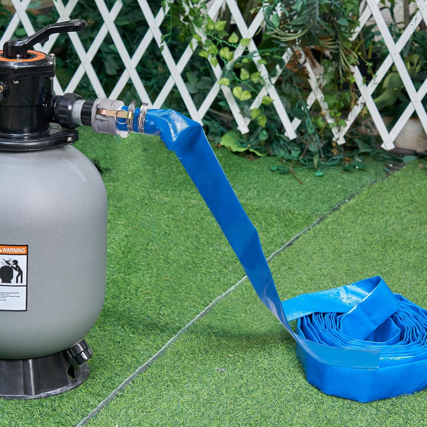 image:imageVEVOR Discharge Hose 112 x 100 PVC Fabric Lay Flat Hose Heavy Duty Backwash Drain Hose with Clamps Weatherproof amp Burstproof Ideal for Swimming Pool amp Water Transfer Blue03 2 x 50 with connector