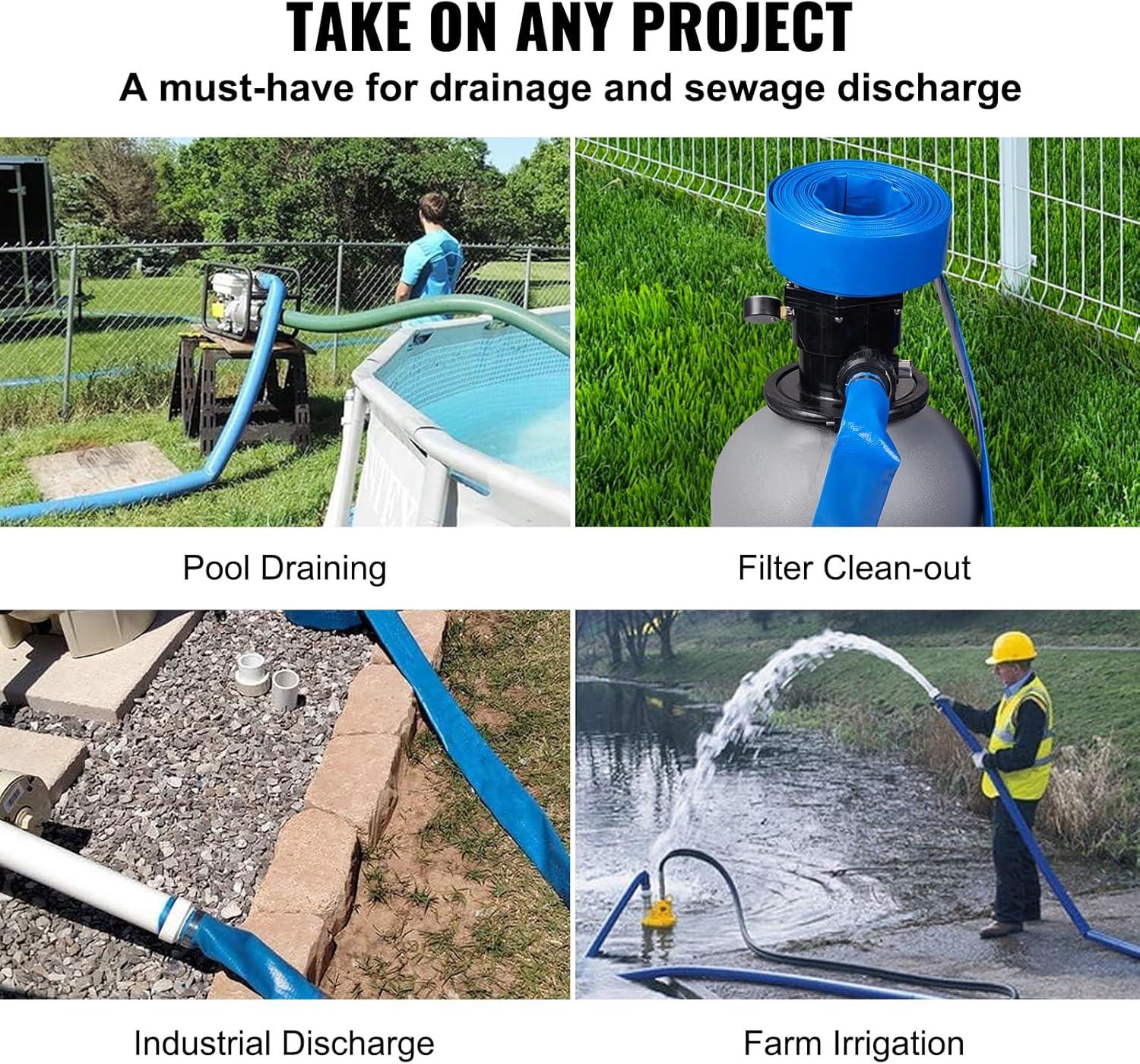 image:imageVEVOR Discharge Hose 112 x 100 PVC Fabric Lay Flat Hose Heavy Duty Backwash Drain Hose with Clamps Weatherproof amp Burstproof Ideal for Swimming Pool amp Water Transfer Blue02 2 x 50