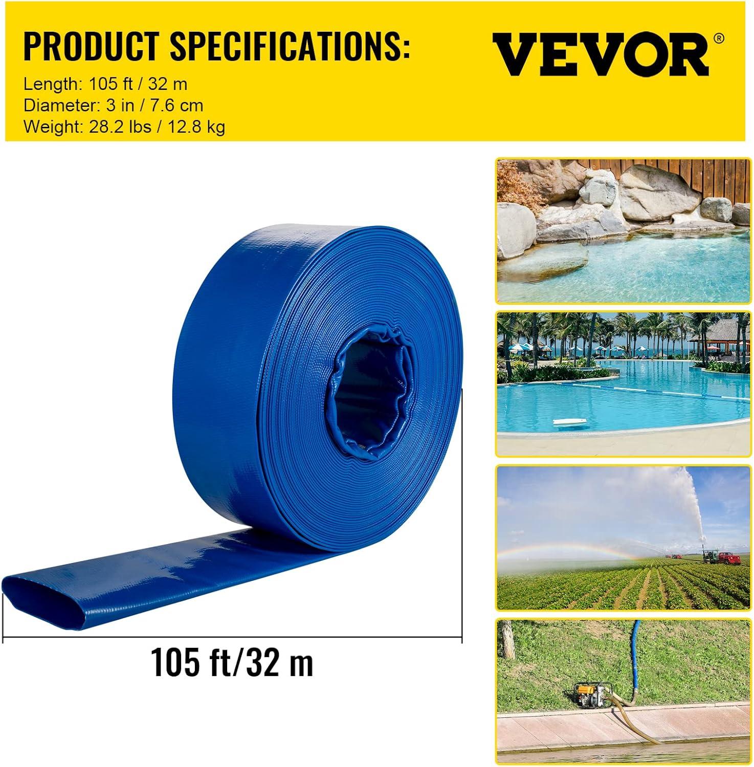 image:imageVEVOR Discharge Hose 112 x 100 PVC Fabric Lay Flat Hose Heavy Duty Backwash Drain Hose with Clamps Weatherproof amp Burstproof Ideal for Swimming Pool amp Water Transfer Blue3 x 100