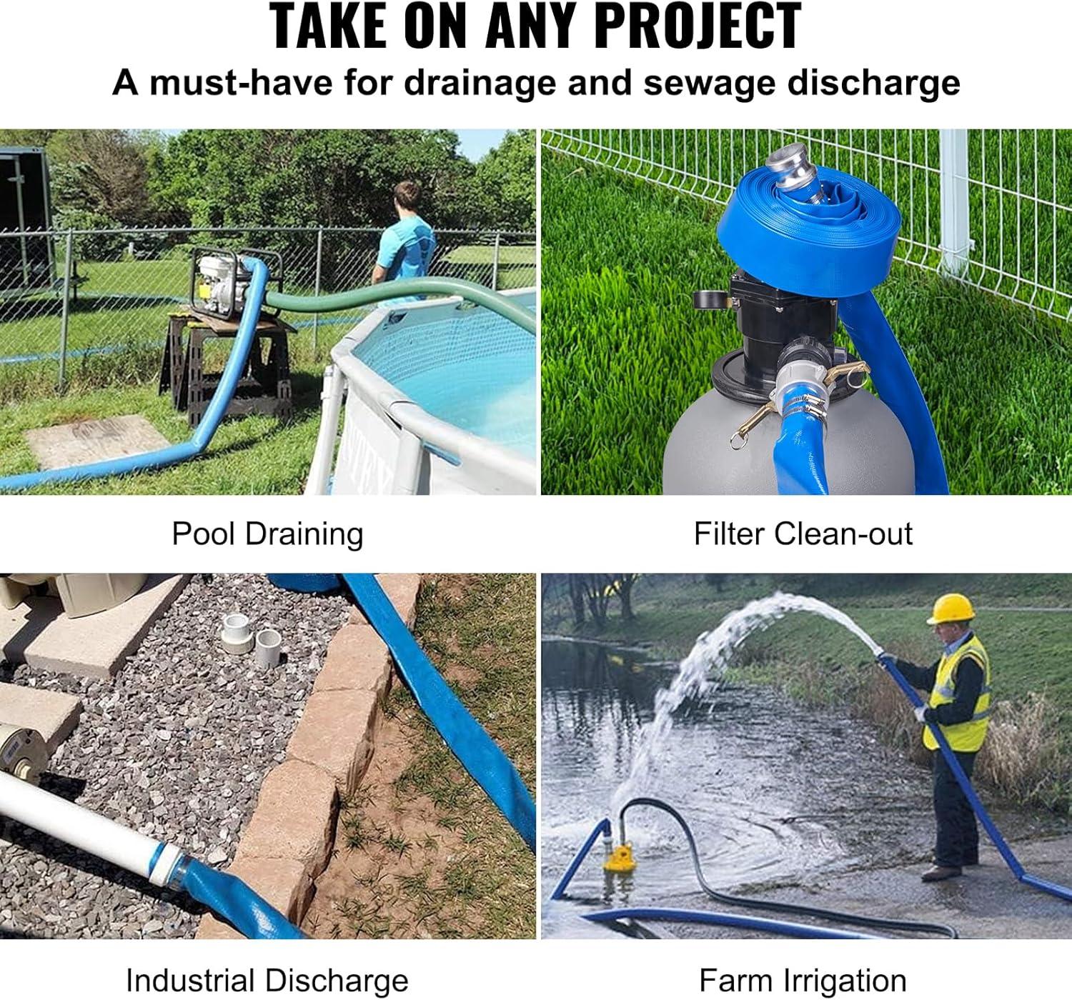 image:imageVEVOR Discharge Hose 112 x 100 PVC Fabric Lay Flat Hose Heavy Duty Backwash Drain Hose with Clamps Weatherproof amp Burstproof Ideal for Swimming Pool amp Water Transfer Blue03 2 x 50 with connector