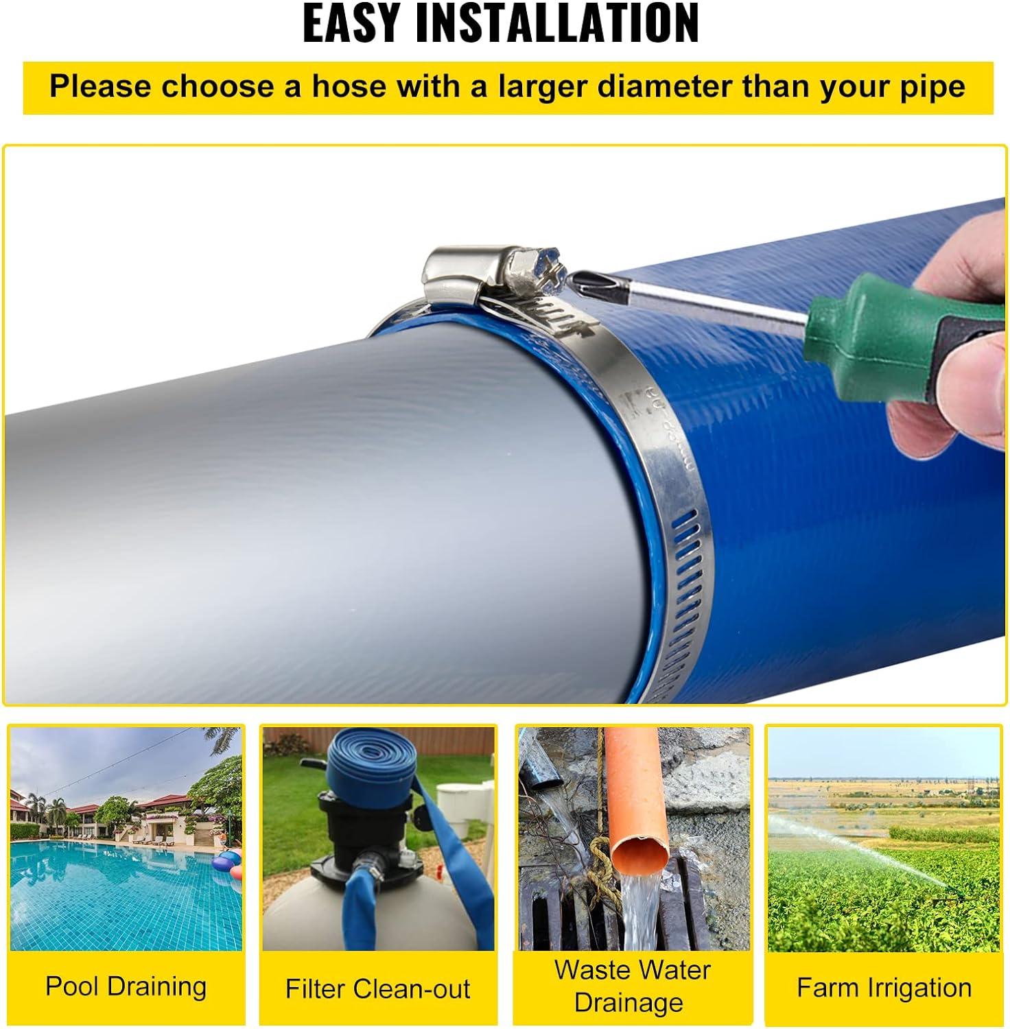 image:imageVEVOR Discharge Hose 112 x 100 PVC Fabric Lay Flat Hose Heavy Duty Backwash Drain Hose with Clamps Weatherproof amp Burstproof Ideal for Swimming Pool amp Water Transfer Blue2 x 100