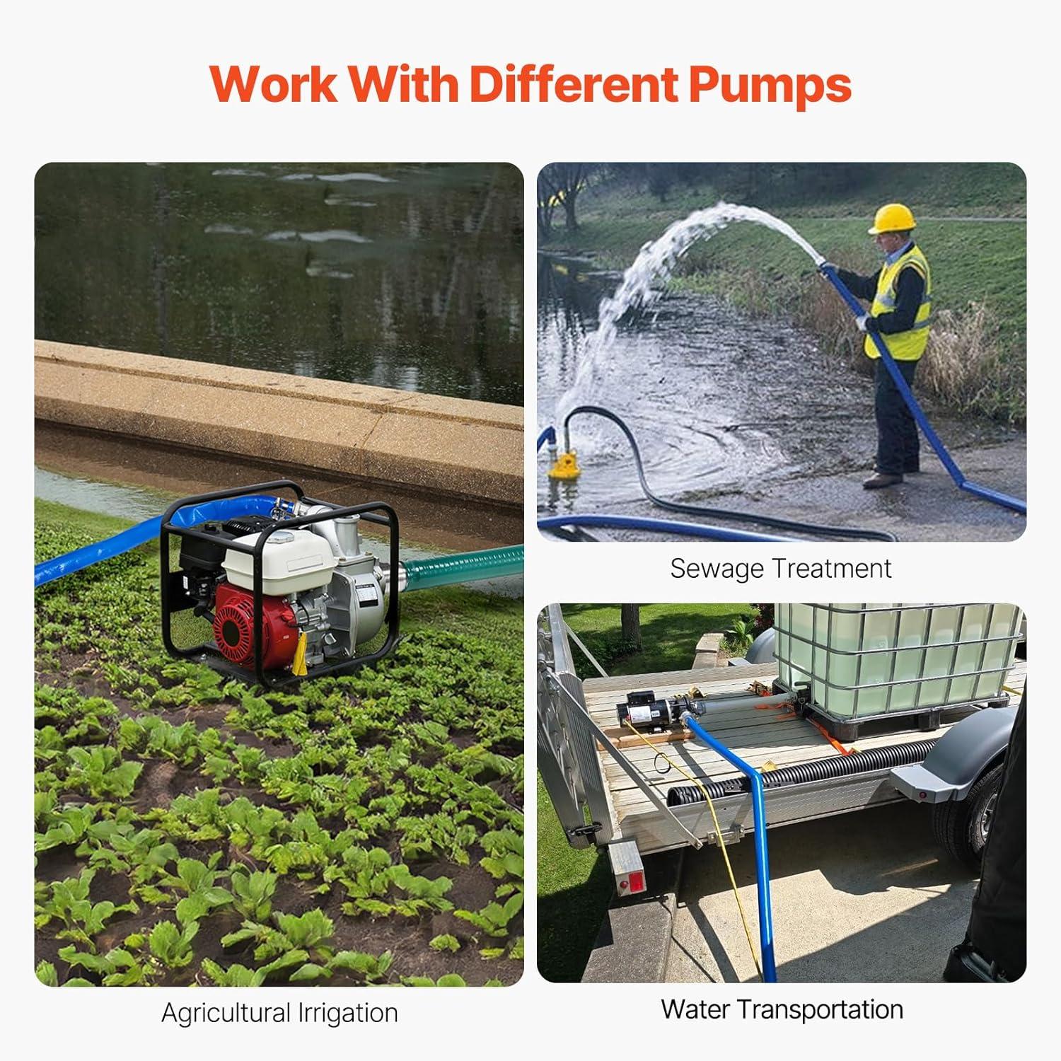 image:imageVEVOR Discharge Hose 112 x 100 PVC Fabric Lay Flat Hose Heavy Duty Backwash Drain Hose with Clamps Weatherproof amp Burstproof Ideal for Swimming Pool amp Water Transfer Blue3 x 50 with connector