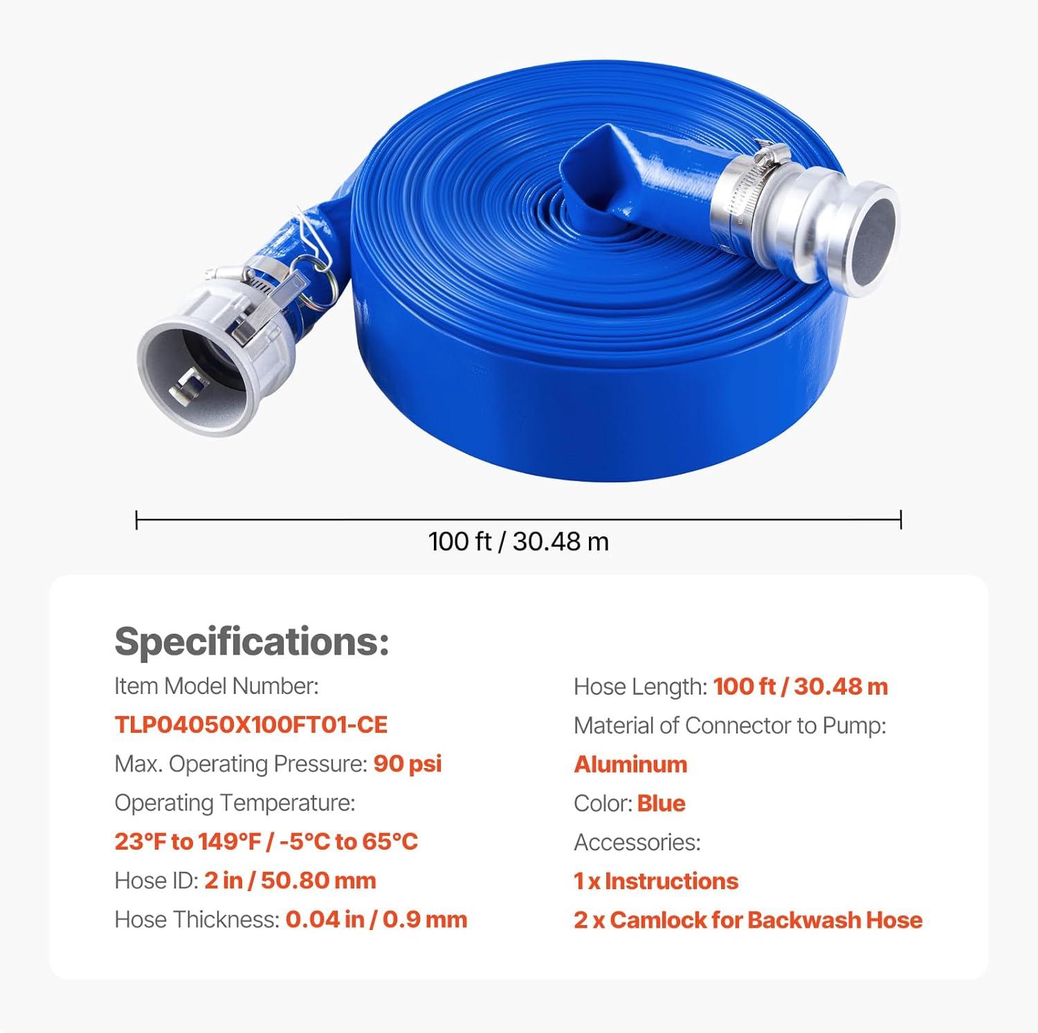 image:imageVEVOR Discharge Hose 112 x 100 PVC Fabric Lay Flat Hose Heavy Duty Backwash Drain Hose with Clamps Weatherproof amp Burstproof Ideal for Swimming Pool amp Water Transfer Blue2 x 100 with connector