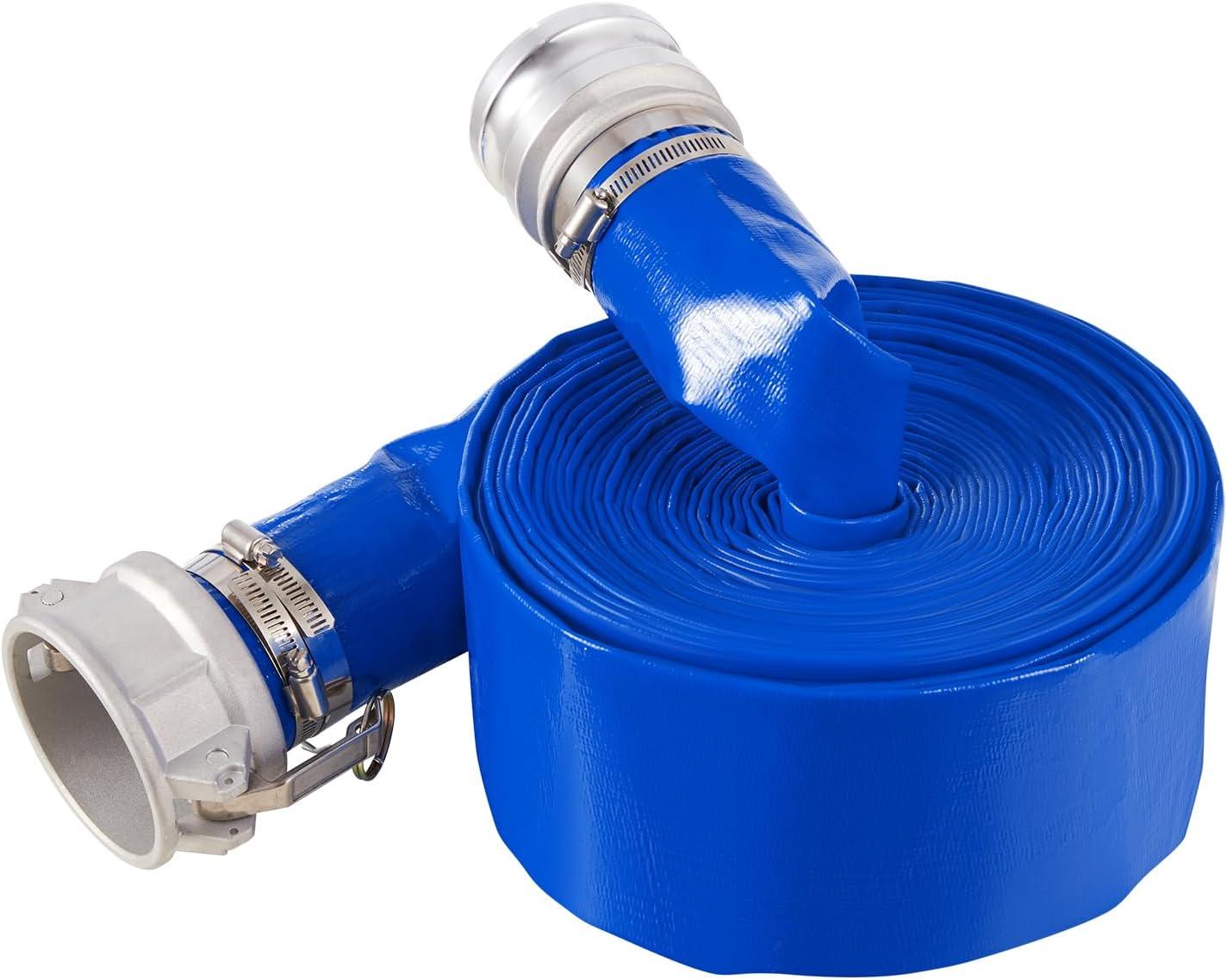 image:imageVEVOR Discharge Hose 112 x 100 PVC Fabric Lay Flat Hose Heavy Duty Backwash Drain Hose with Clamps Weatherproof amp Burstproof Ideal for Swimming Pool amp Water Transfer Blue3 x 50 with connector