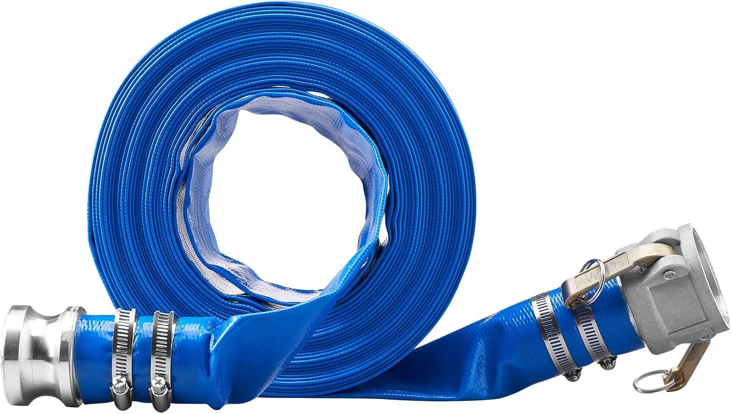 image:imageVEVOR Discharge Hose 112 x 100 PVC Fabric Lay Flat Hose Heavy Duty Backwash Drain Hose with Clamps Weatherproof amp Burstproof Ideal for Swimming Pool amp Water Transfer Blue03 2 x 50 with connector