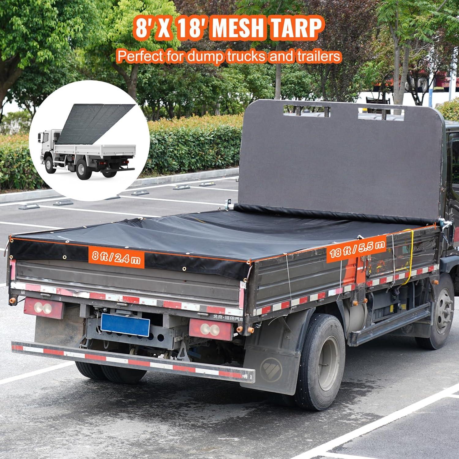 image:imageVEVOR Dump Truck Mesh Tarp 7 x 14 ft PVC Coated Black Heavy Duty Cover with 55 18oz Double Pocket Brass Grommets Reinforced Double Needle Stitch Webbing Fits Manual or Electric Dump Truck System8 x 18