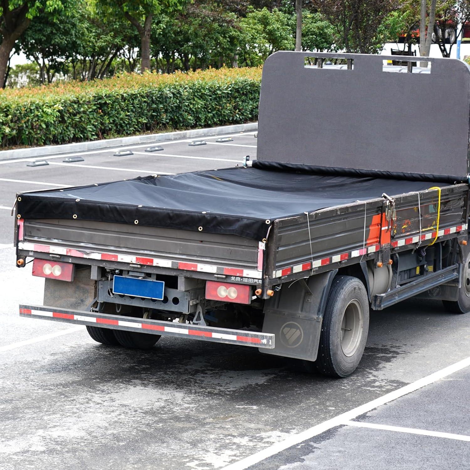 image:imageVEVOR Dump Truck Mesh Tarp 7 x 14 ft PVC Coated Black Heavy Duty Cover with 55 18oz Double Pocket Brass Grommets Reinforced Double Needle Stitch Webbing Fits Manual or Electric Dump Truck System7 x 22