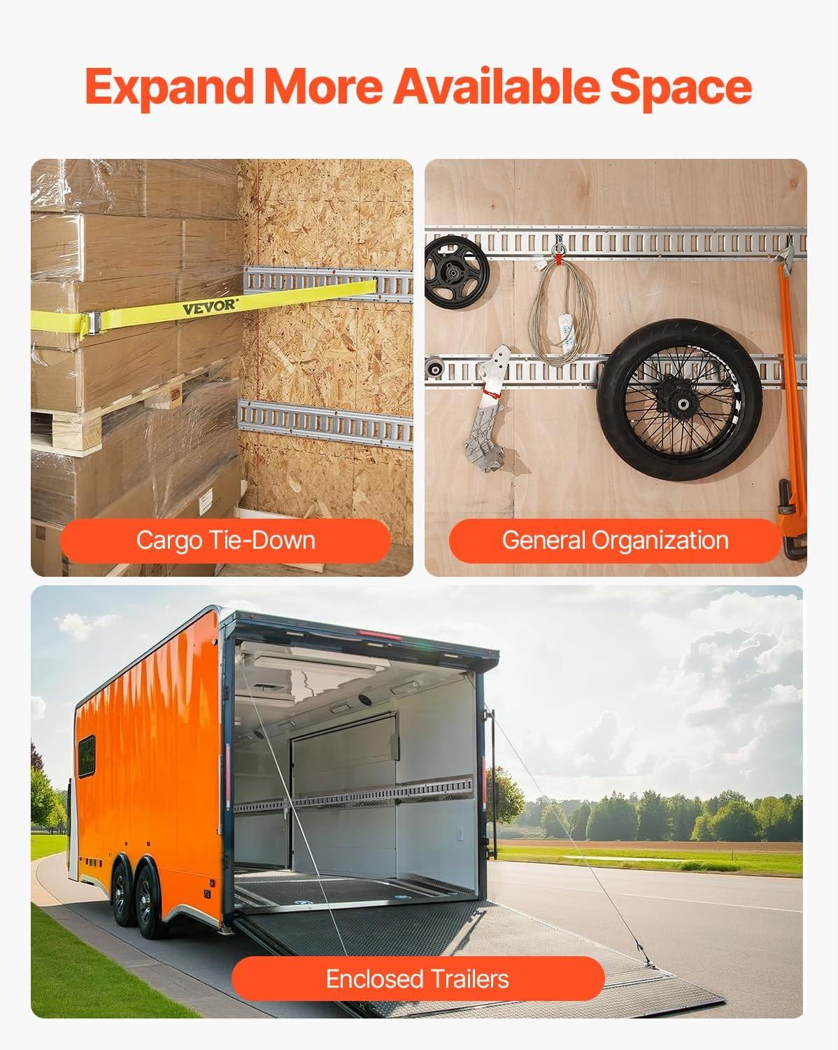 image:imageVEVOR E Track TieDown Rail Kit 32PCS 5FT ETracks Set Includes 8 Steel Rails amp 8 O Rings amp 8 TieOffs with DRing amp 8 End Caps Securing Accessories for Cargo Motorcycles and Bikes5FT32Pcs