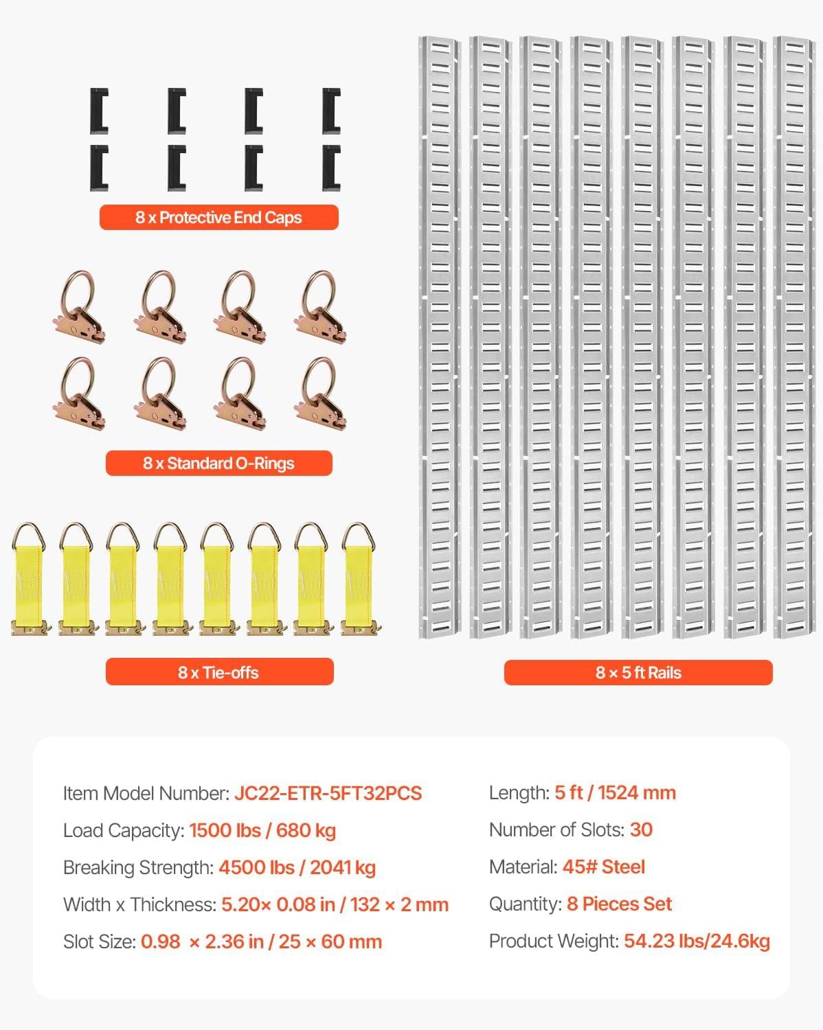image:imageVEVOR E Track TieDown Rail Kit 32PCS 5FT ETracks Set Includes 8 Steel Rails amp 8 O Rings amp 8 TieOffs with DRing amp 8 End Caps Securing Accessories for Cargo Motorcycles and Bikes5FT32Pcs