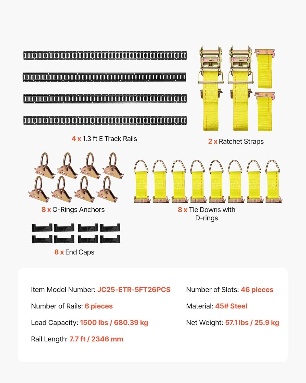 image:imageVEVOR E Track TieDown Rail Kit 32PCS 5FT ETracks Set Includes 8 Steel Rails amp 8 O Rings amp 8 TieOffs with DRing amp 8 End Caps Securing Accessories for Cargo Motorcycles and Bikes77FT26Pcs