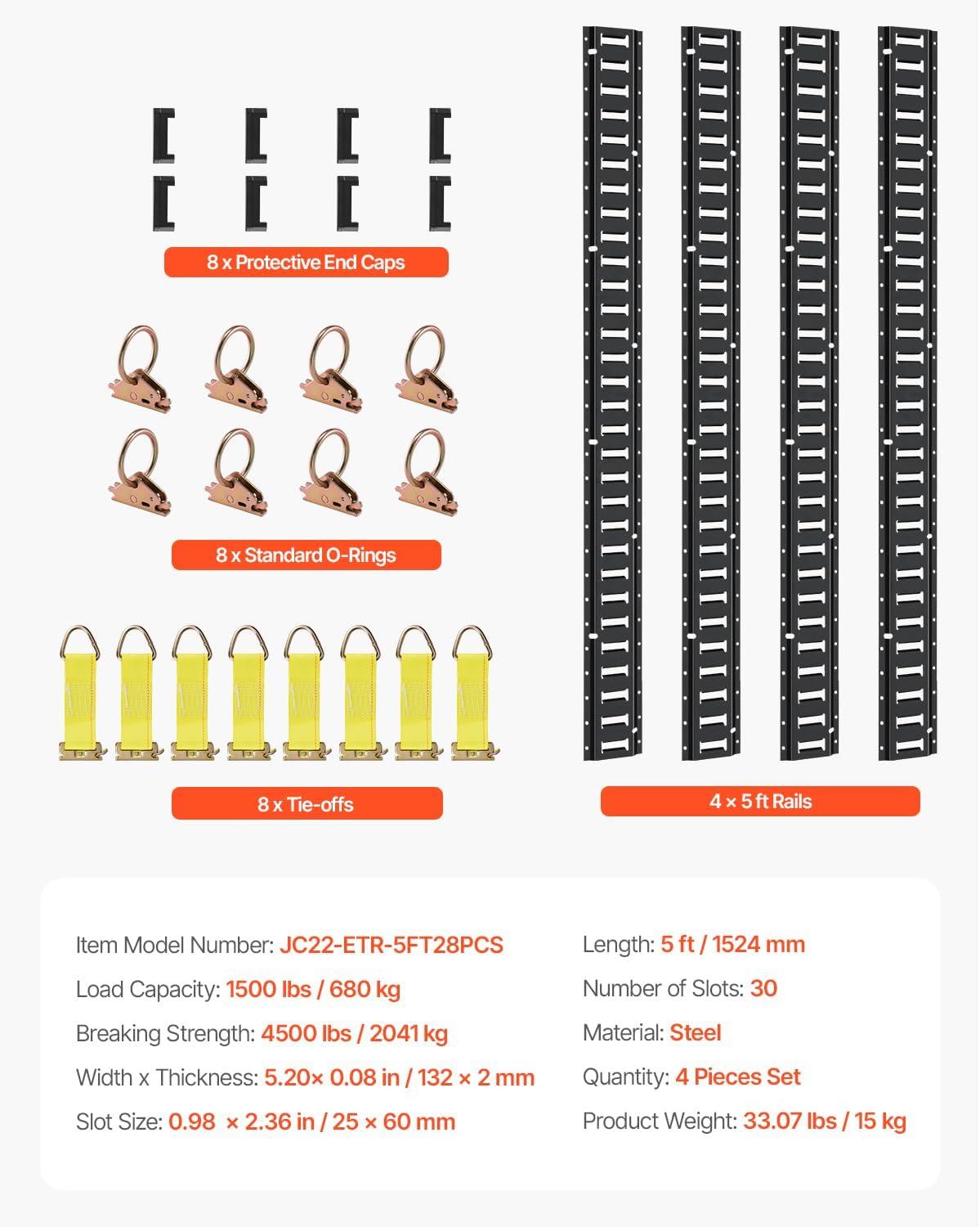 image:imageVEVOR E Track TieDown Rail Kit 32PCS 5FT ETracks Set Includes 8 Steel Rails amp 8 O Rings amp 8 TieOffs with DRing amp 8 End Caps Securing Accessories for Cargo Motorcycles and Bikes5FT28Pcs