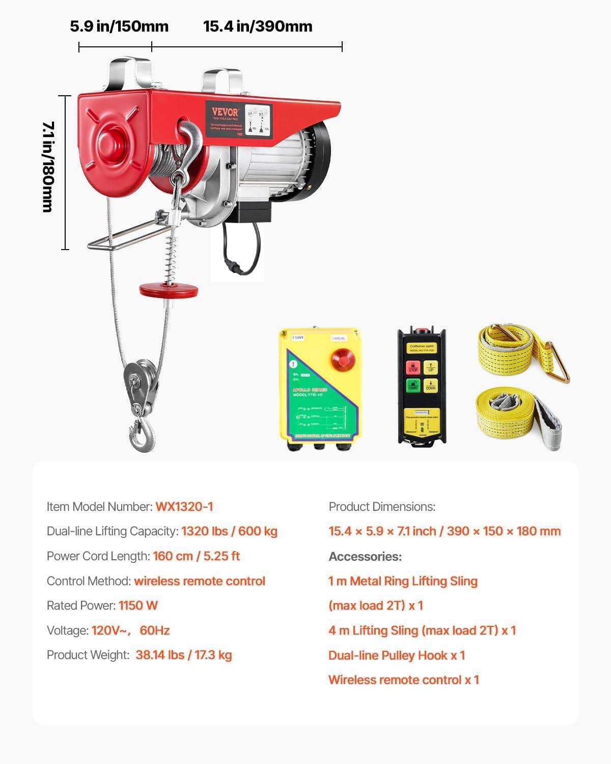 image:imageVEVOR Electric Hoist with Remote Control 440 lbs Material Handling Tool 110V Electric Hoist with 14ft Remote Control for Factories Warehouses Construction Site Attic1320LBS Wireless