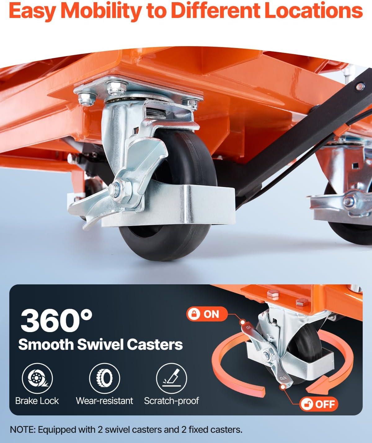 image:imageVEVOR Electric Lift Table 330 lbs Capacity Single Scissor Lift Table 828 in Height Adjustable Lifting Platform Coffee Table Lift with 4 Wheels for Material Handling and Transportation BlackOrange