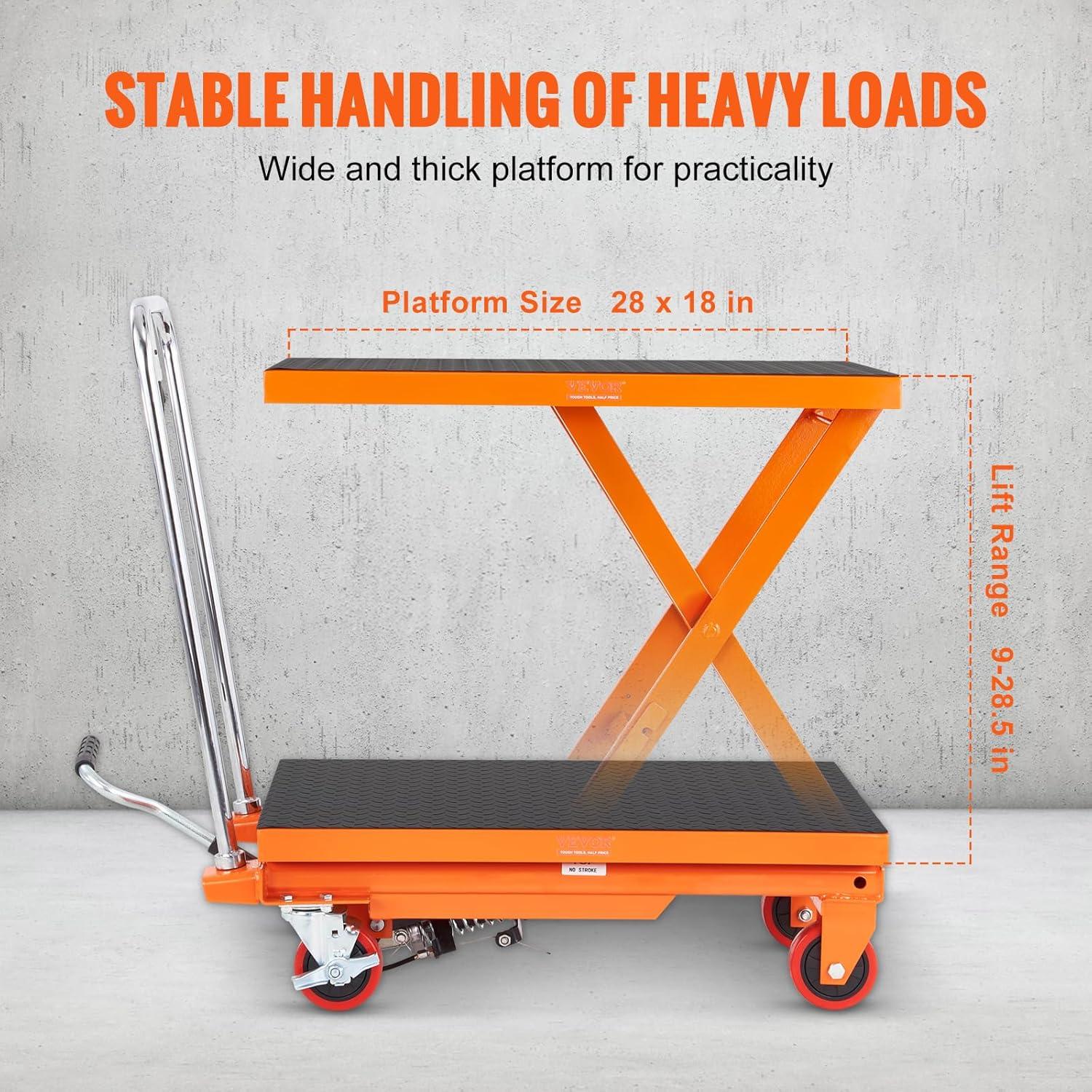image:imageVEVOR Electric Lift Table 330 lbs Capacity Single Scissor Lift Table 828 in Height Adjustable Lifting Platform Coffee Table Lift with 4 Wheels for Material Handling and Transportation BlackOrange