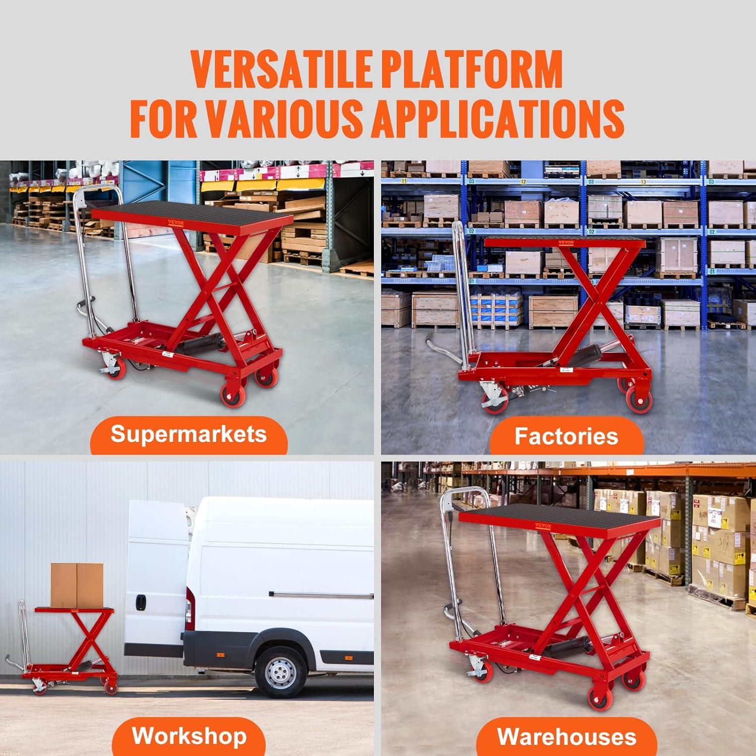 image:imageVEVOR Electric Lift Table 330 lbs Capacity Single Scissor Lift Table 828 in Height Adjustable Lifting Platform Coffee Table Lift with 4 Wheels for Material Handling and Transportation BlackRed