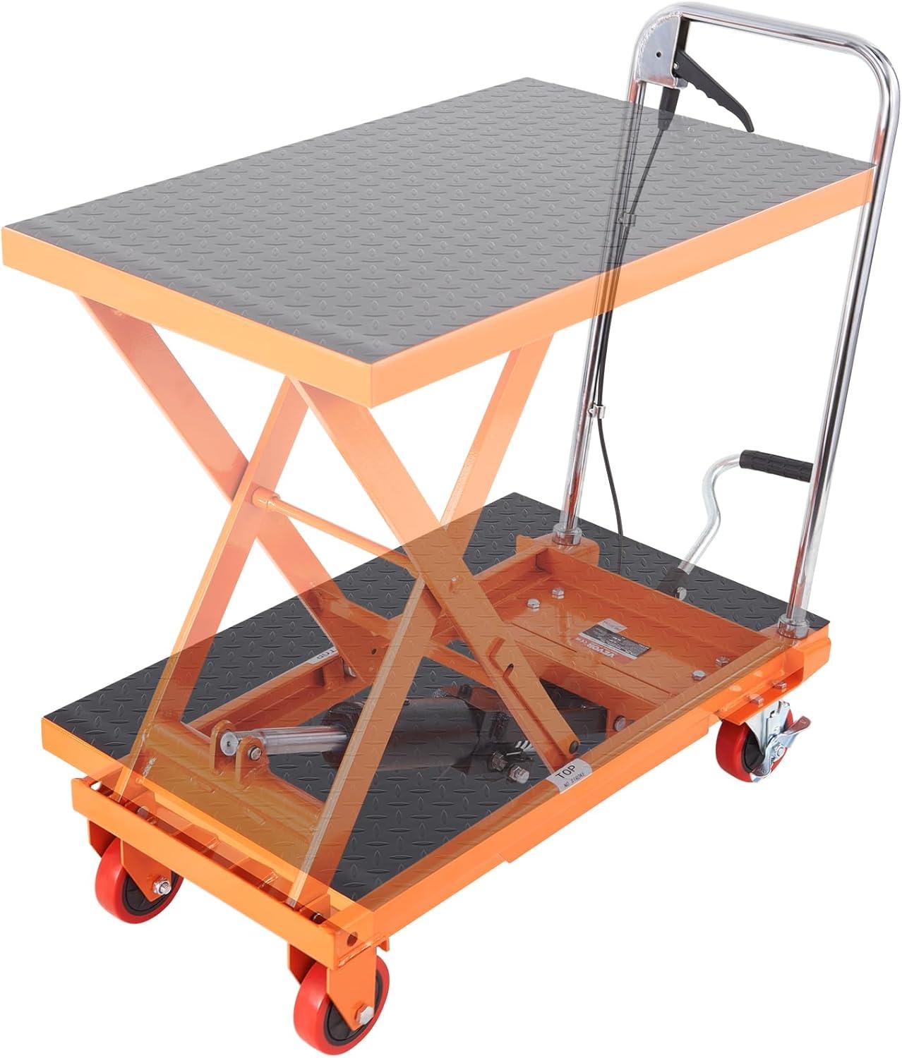 image:imageVEVOR Electric Lift Table 330 lbs Capacity Single Scissor Lift Table 828 in Height Adjustable Lifting Platform Coffee Table Lift with 4 Wheels for Material Handling and Transportation BlackOrange