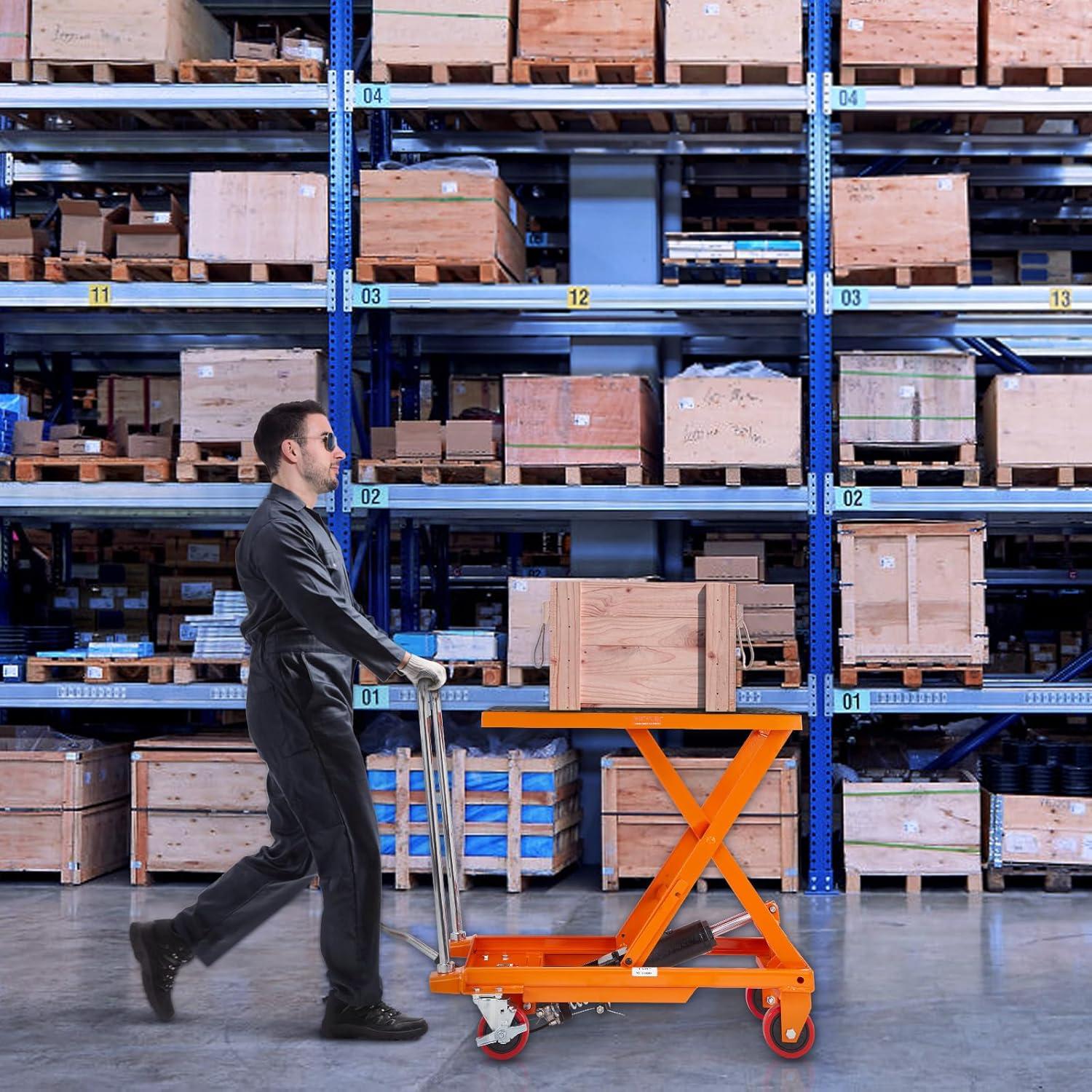 image:imageVEVOR Electric Lift Table 330 lbs Capacity Single Scissor Lift Table 828 in Height Adjustable Lifting Platform Coffee Table Lift with 4 Wheels for Material Handling and Transportation BlackOrange