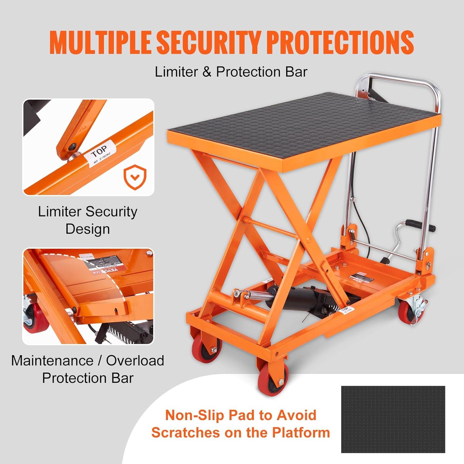 image:imageVEVOR Electric Lift Table 330 lbs Capacity Single Scissor Lift Table 828 in Height Adjustable Lifting Platform Coffee Table Lift with 4 Wheels for Material Handling and Transportation BlackOrange