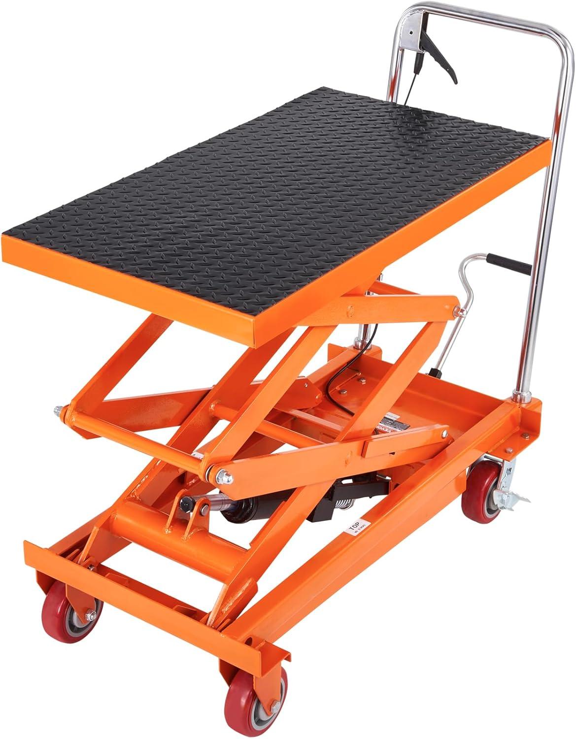image:imageVEVOR Electric Lift Table 330 lbs Capacity Single Scissor Lift Table 828 in Height Adjustable Lifting Platform Coffee Table Lift with 4 Wheels for Material Handling and Transportation BlackOrange